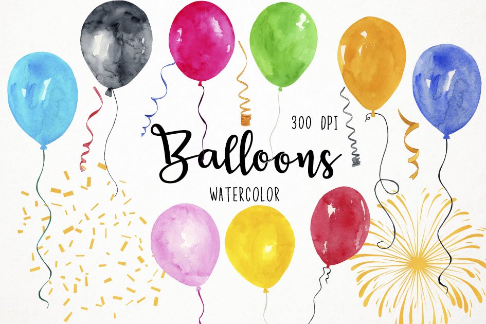 Colorful clipart of different watercolor balloons on a white background.