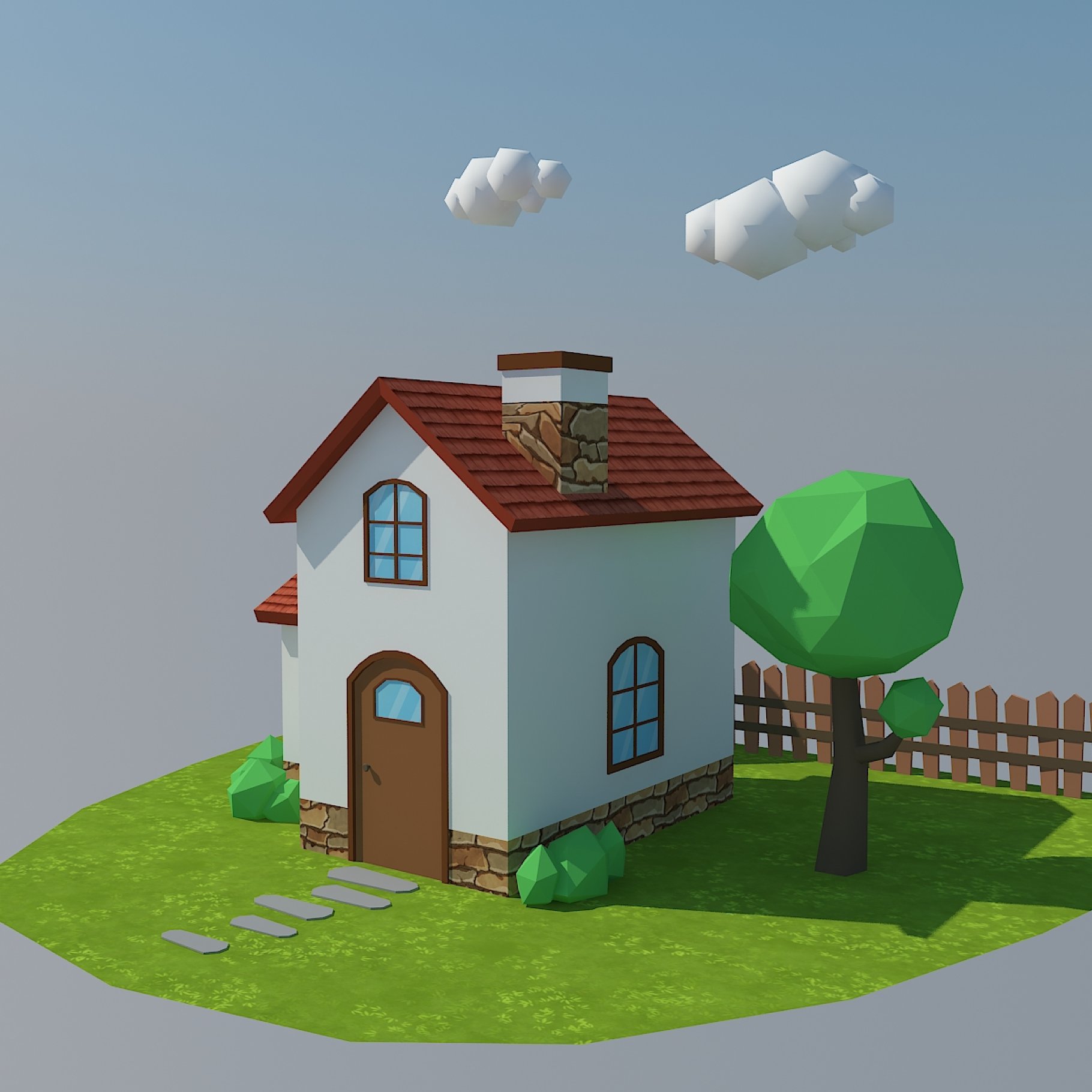 Front left mockup of low poly house.