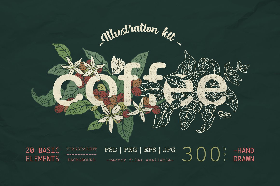 Beige lettering "Coffee Illustration Kit" and floral illustrations on a green background.