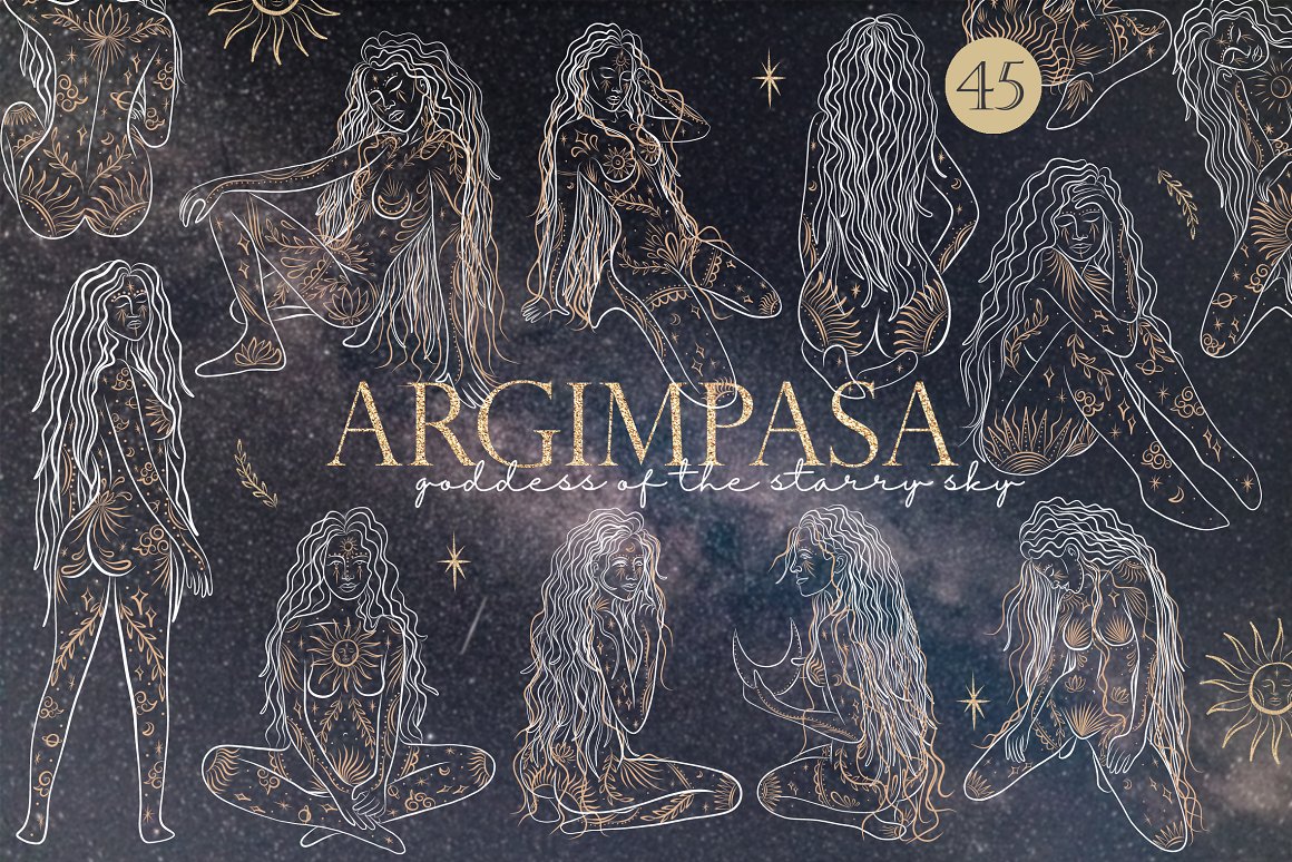 Golden lettering "Argimpasa", white lettering "goddess of the starry sky" and different illustrations.