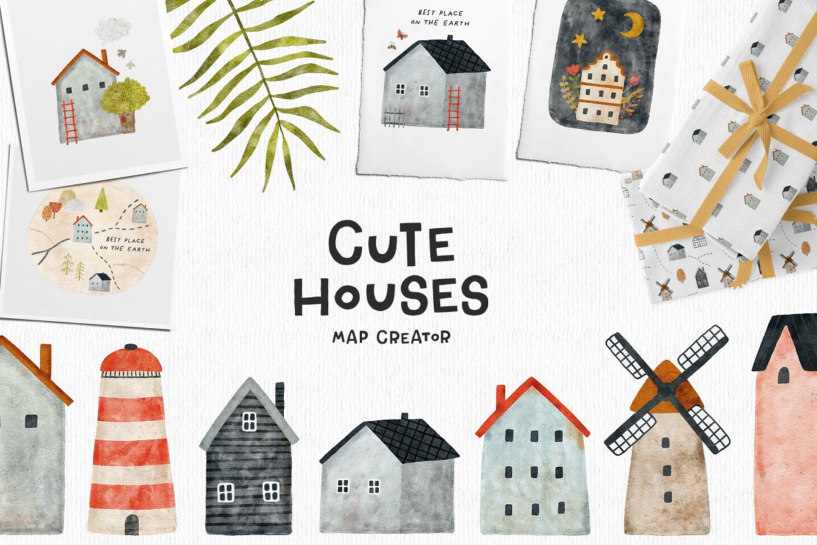 Black lettering "Cute Houses Map Creator" and different illustrations of house on a gray background.