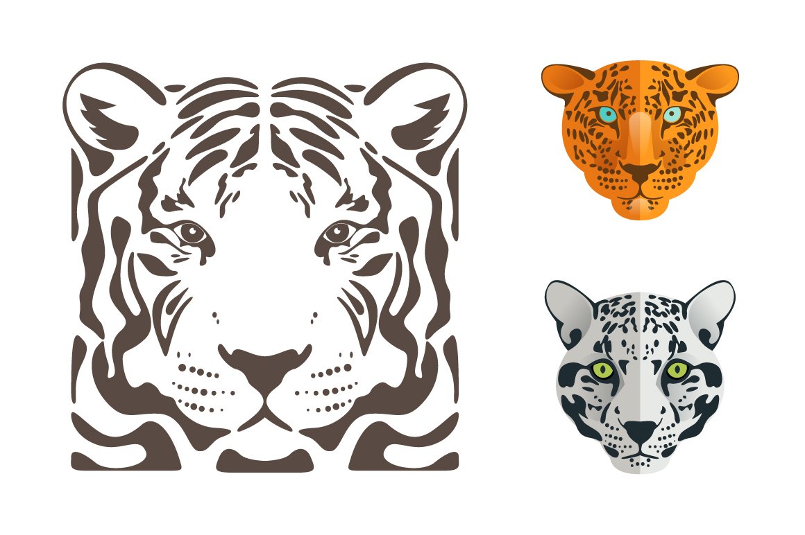 Illustrations of tiger, jaguar and leopard faces on a white background.