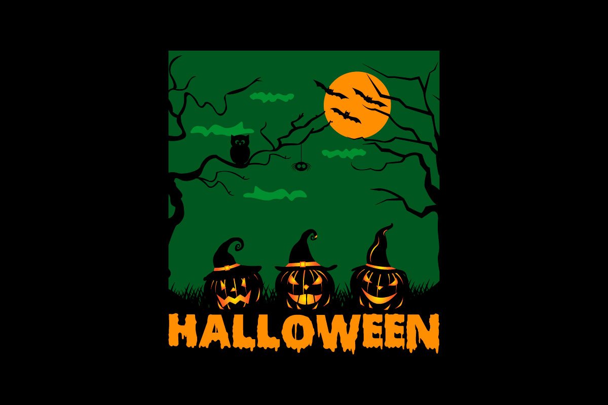 Black background with a green Halloween illustration with angry pumpkins.