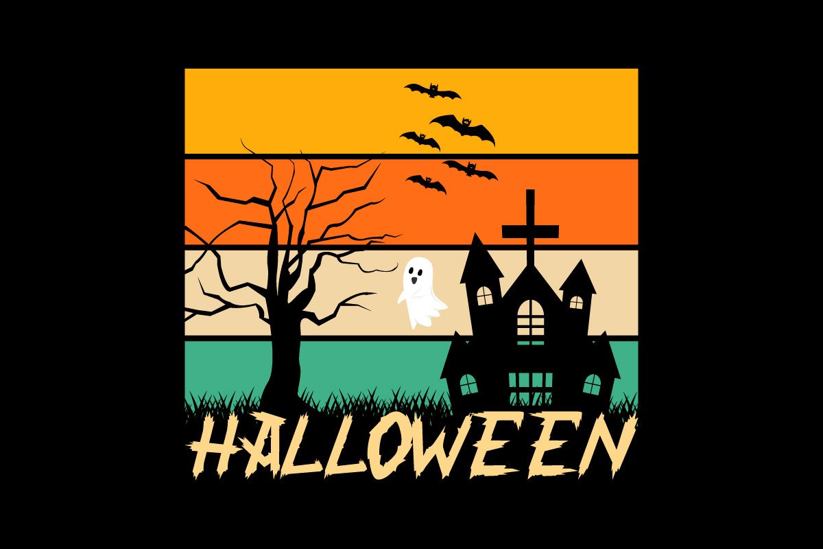 Black backgrpund with colorful horizontal Halloween illustration.