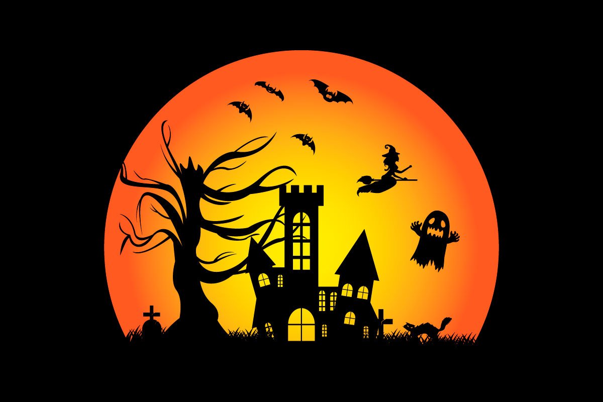 Addams house on a sunset background with bats.