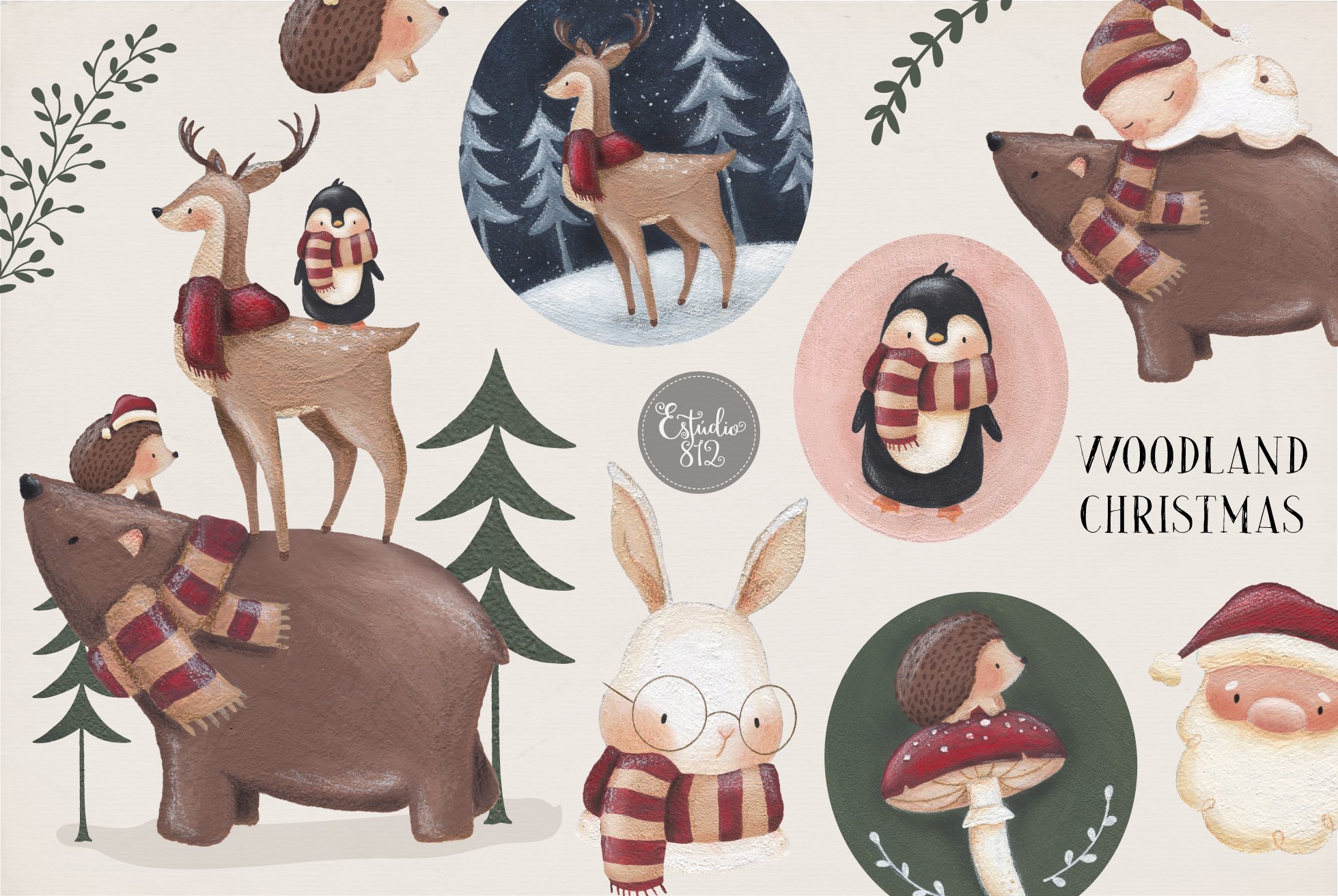High quality pastel illustration with forest animals that are ready for Christmas celebrating.