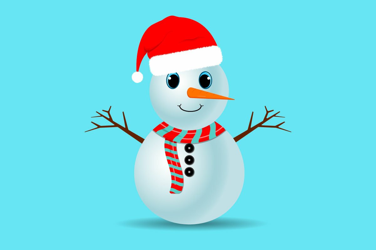 Illustration of christmas cute snowman with santa hat on a light blue background.