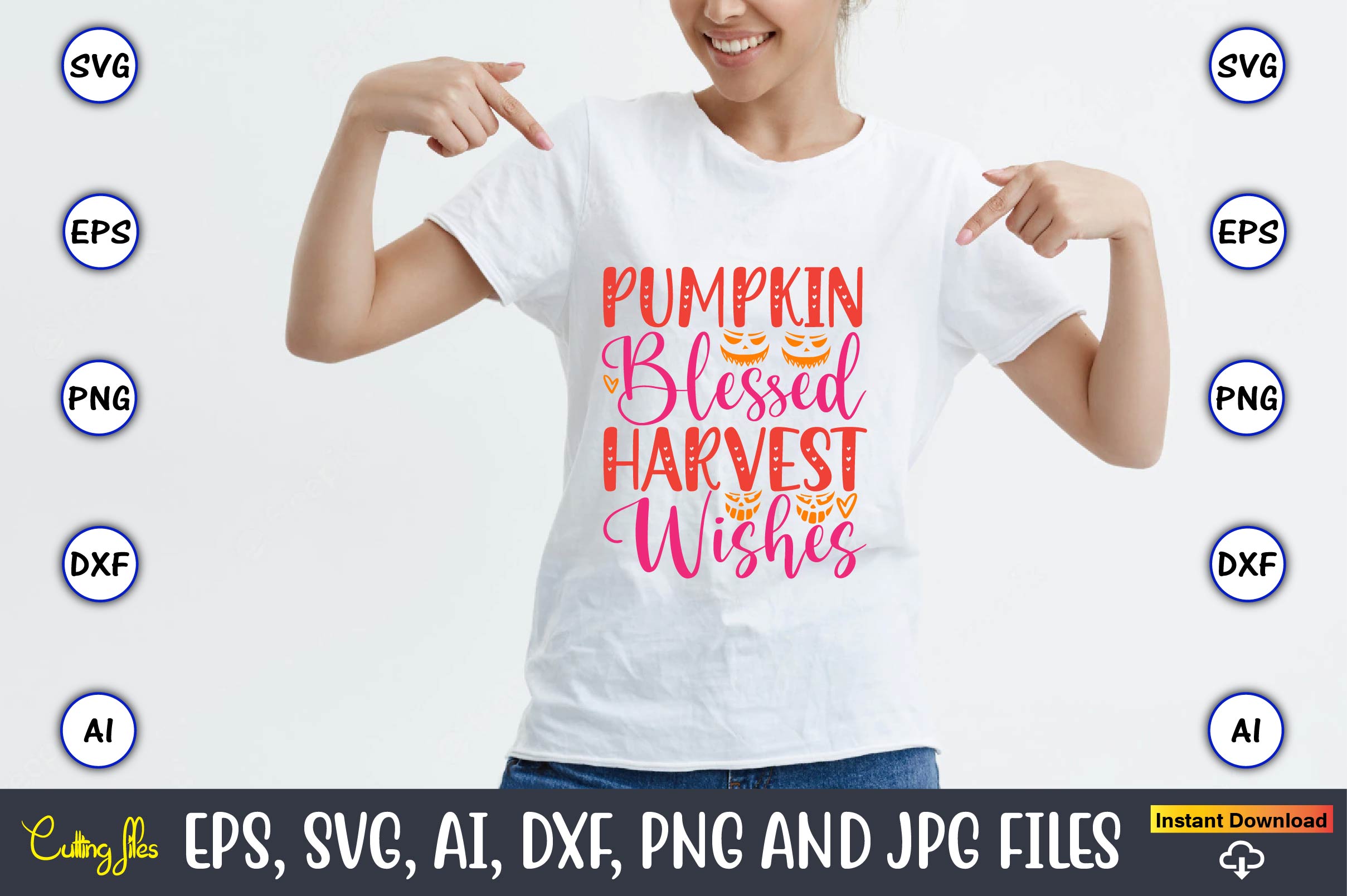 Image of a white t-shirt with a wonderful print Pumpkin blessed harvest wishes.