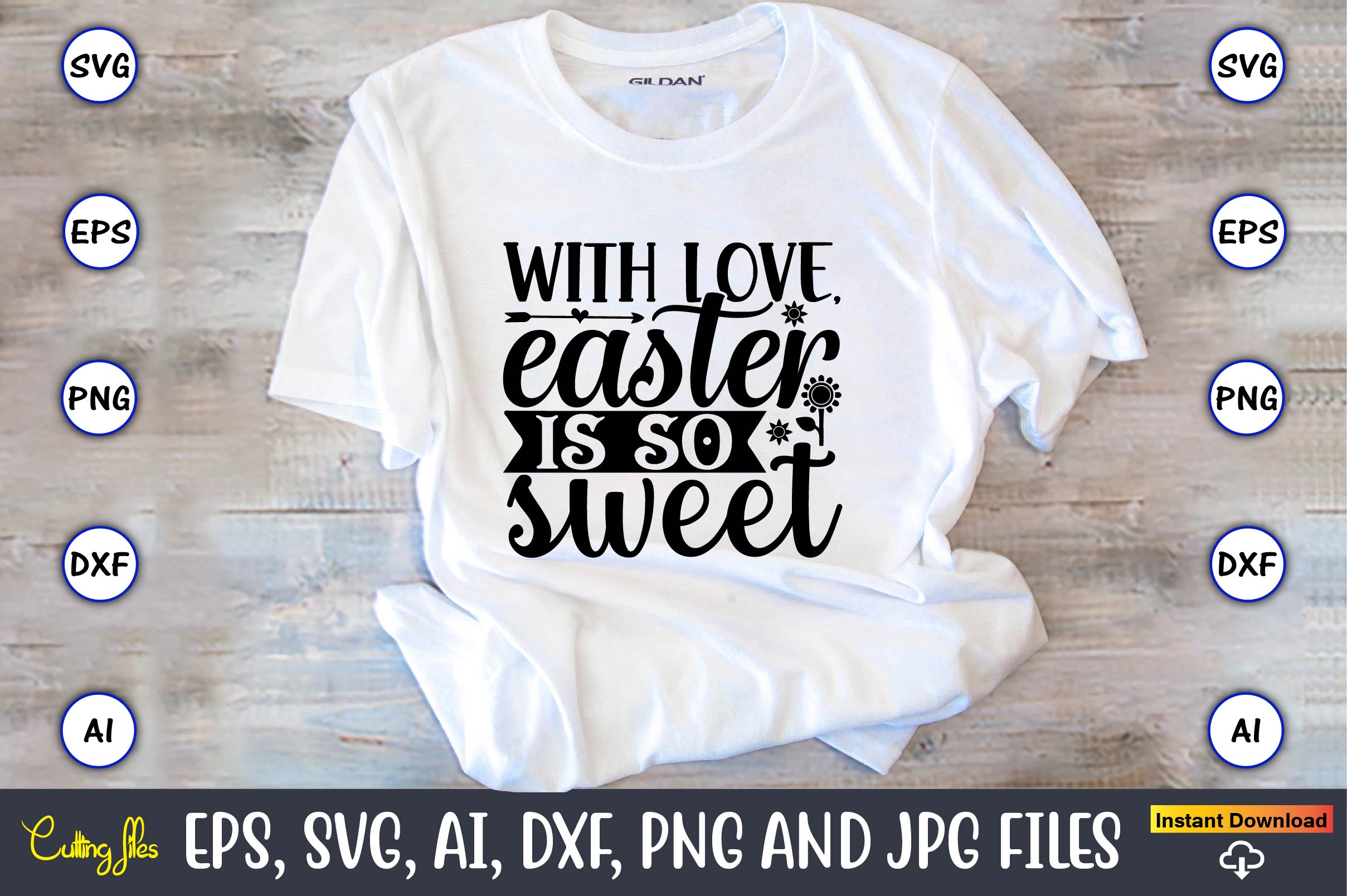 Image of a white t-shirt with an amazing inscription With love, easter is so sweet.