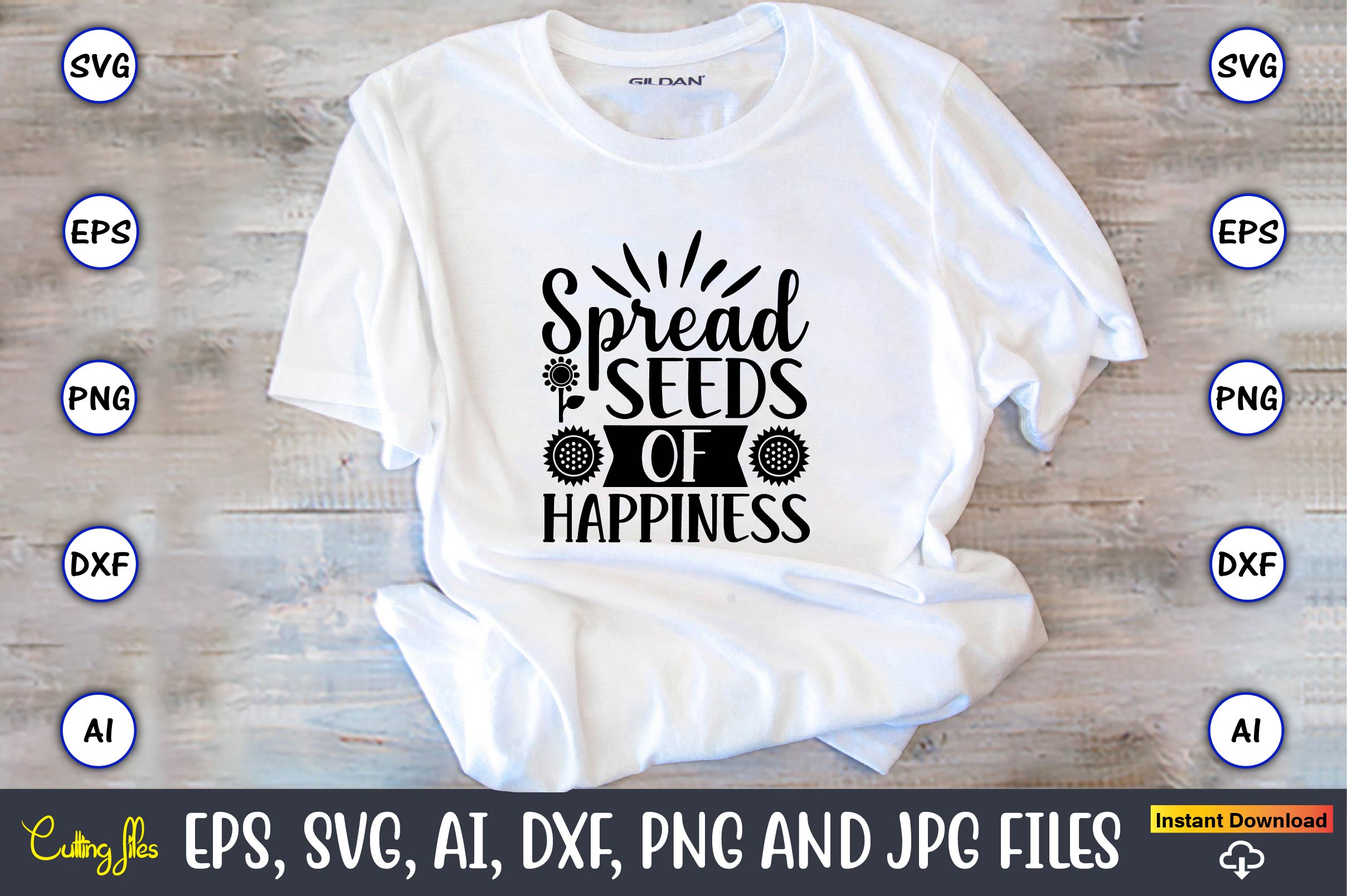 Image of a white t-shirt with an irresistible slogan Spread seeds of happiness.