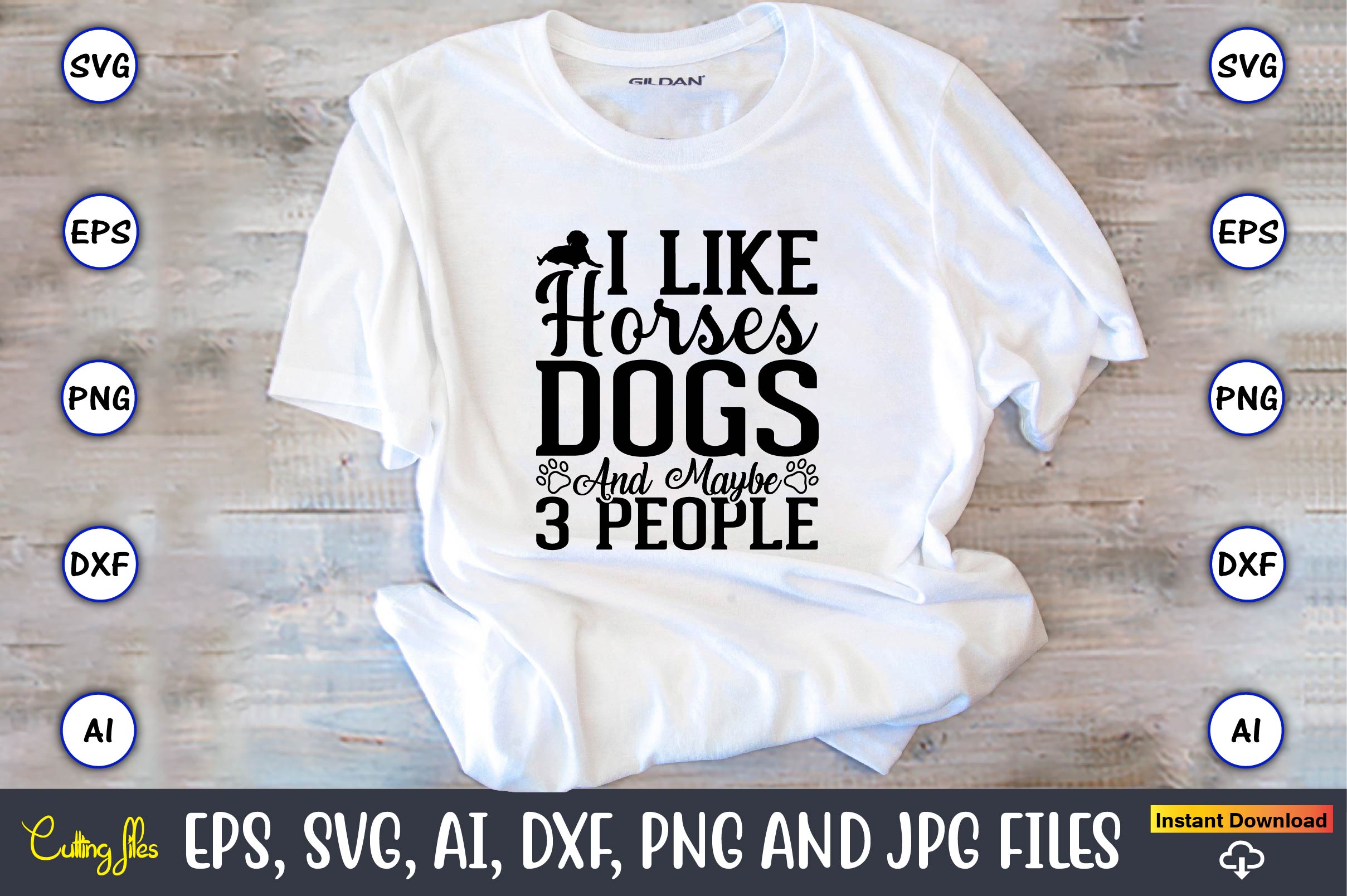 Image of a white t-shirt with an enchanting inscription I like horses dogs and maybe 3 people.