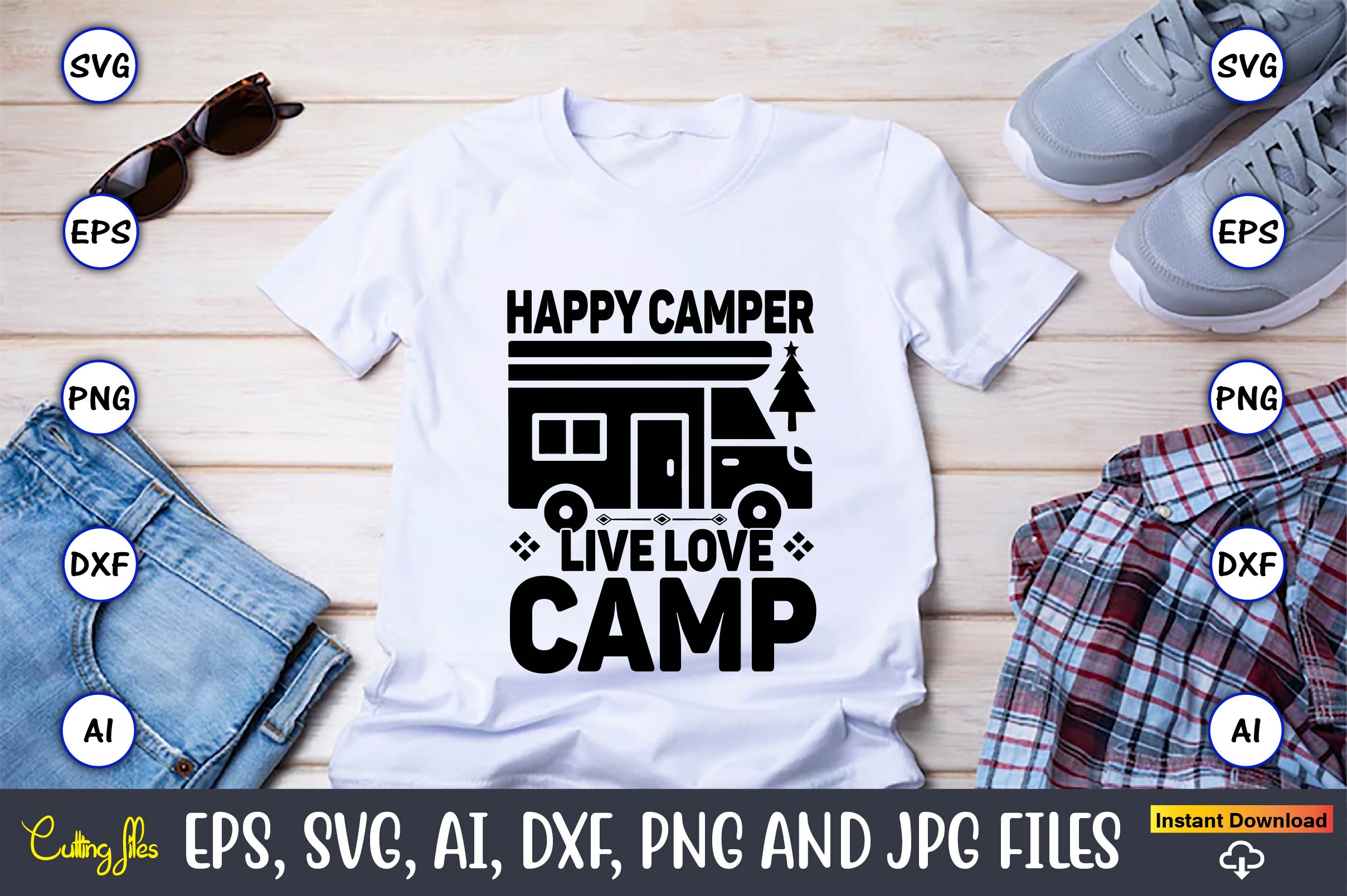 Happy Camper SVG T-Shirt Design Bundle preview image.