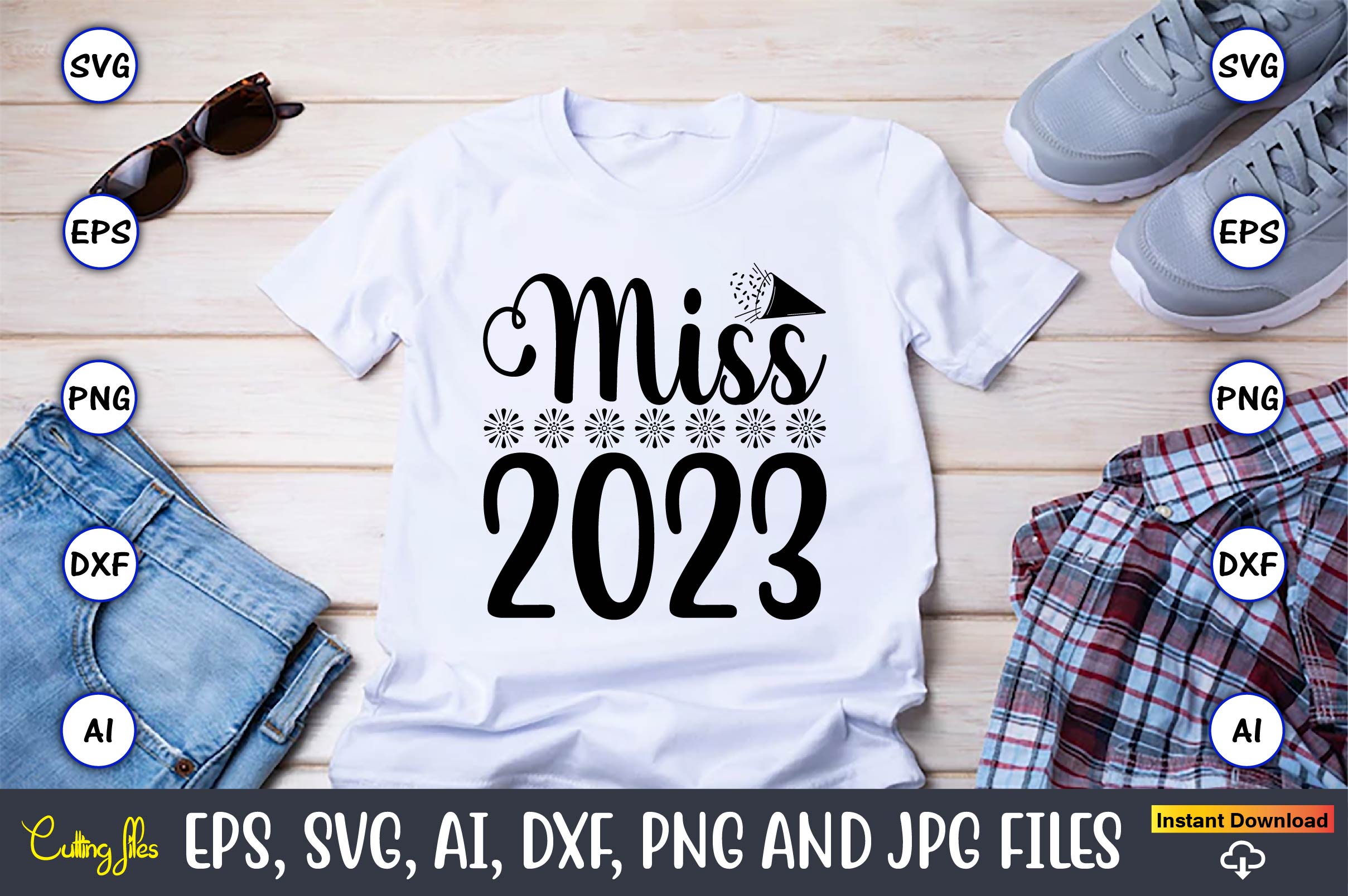 Picture of a white T-shirt with a unique Miss 2023 slogan.
