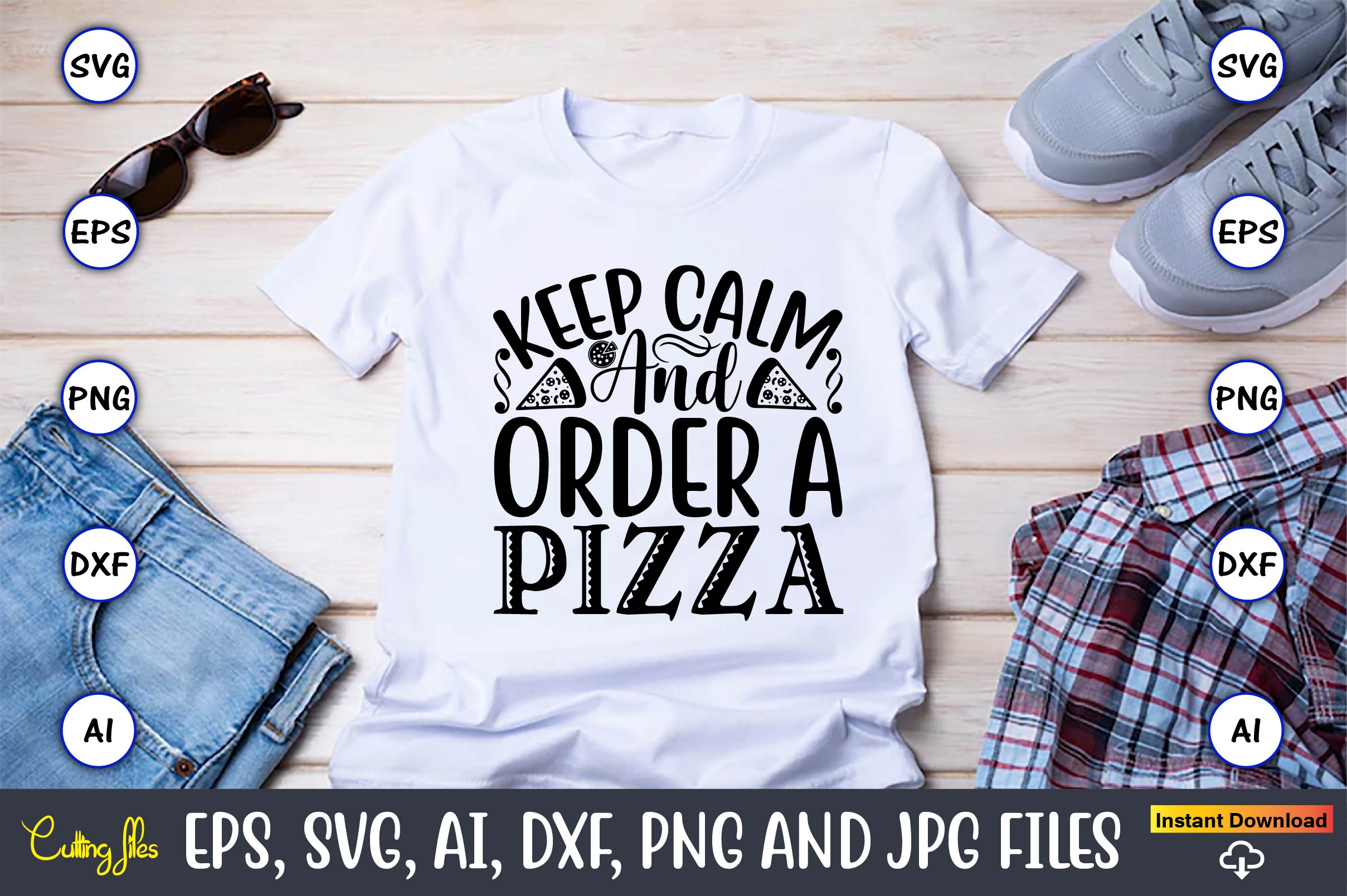 The image of a white T-shirt with the enchanting inscription Keep calm and order a pizza.