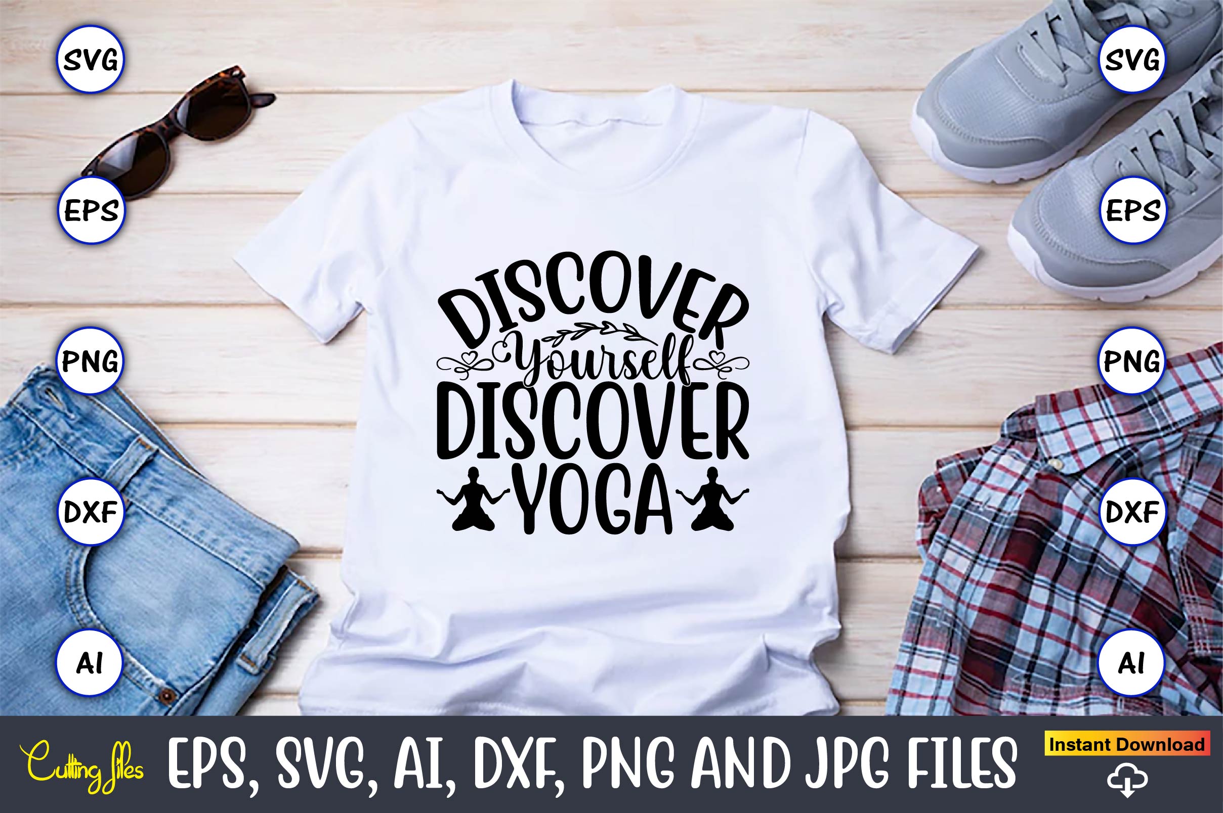 Image of a white t-shirt with a charming inscription Discover yourself discover yoga.