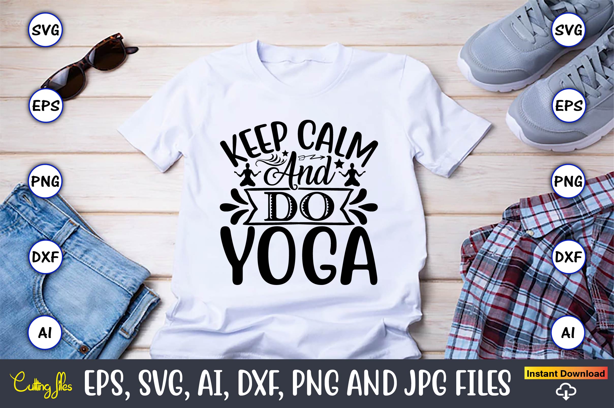 Picture of a white t-shirt with an amazing slogan Keep calm and do yoga.