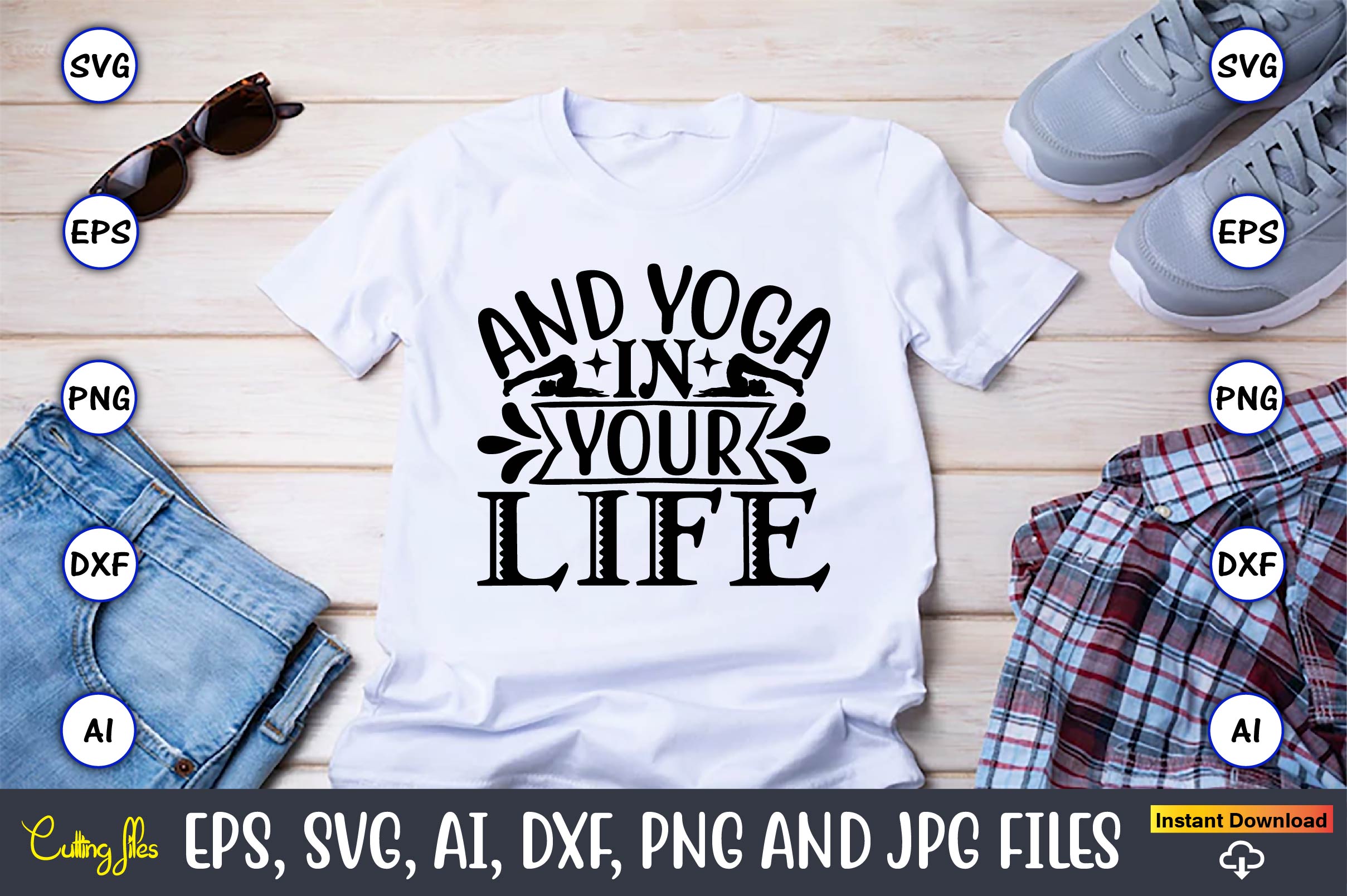 Image of a white t-shirt with a beautiful inscription And yoga in your life.