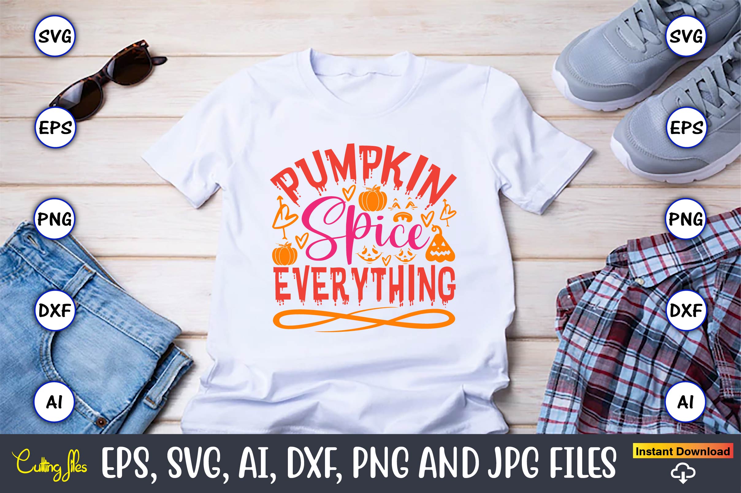 Image of a white t-shirt with a beautiful print Pumpkin spice everything.