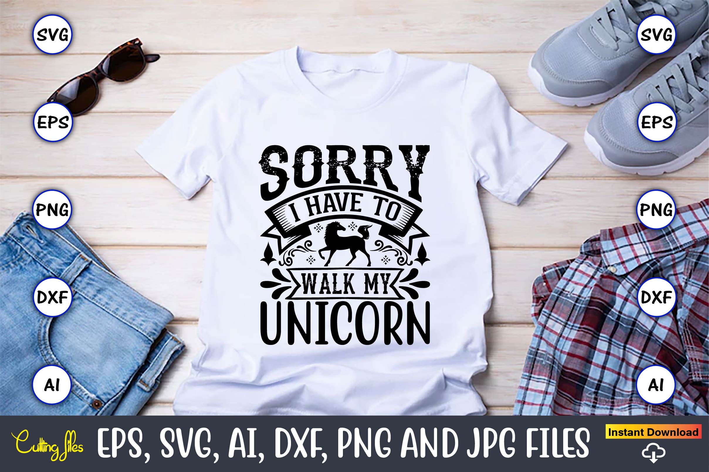 Image of a white t-shirt with a unique slogan Sorry i have to walk my unicorn.