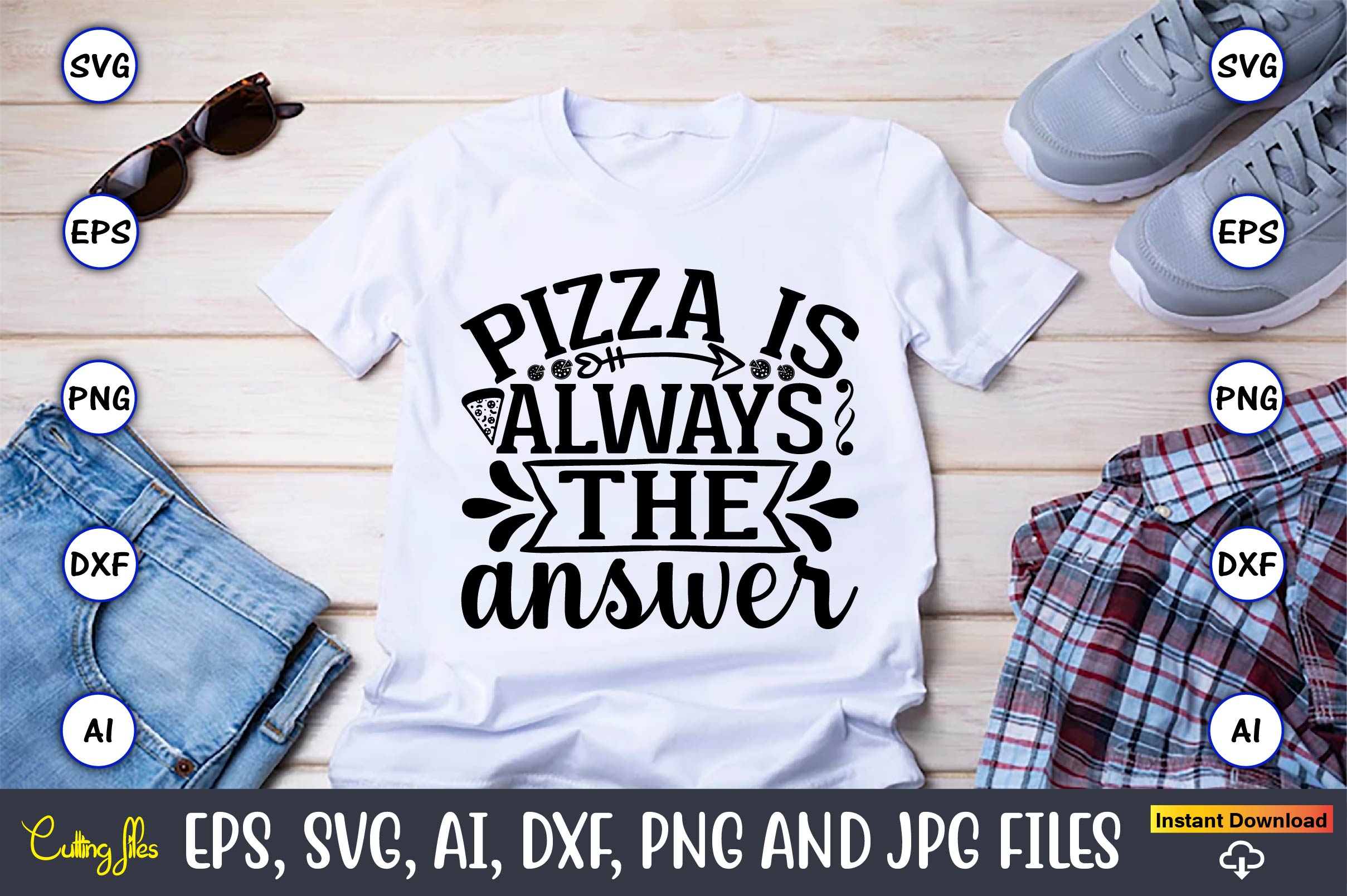 Image of a white t-shirt with an amazing inscription Pizza is always the answer.