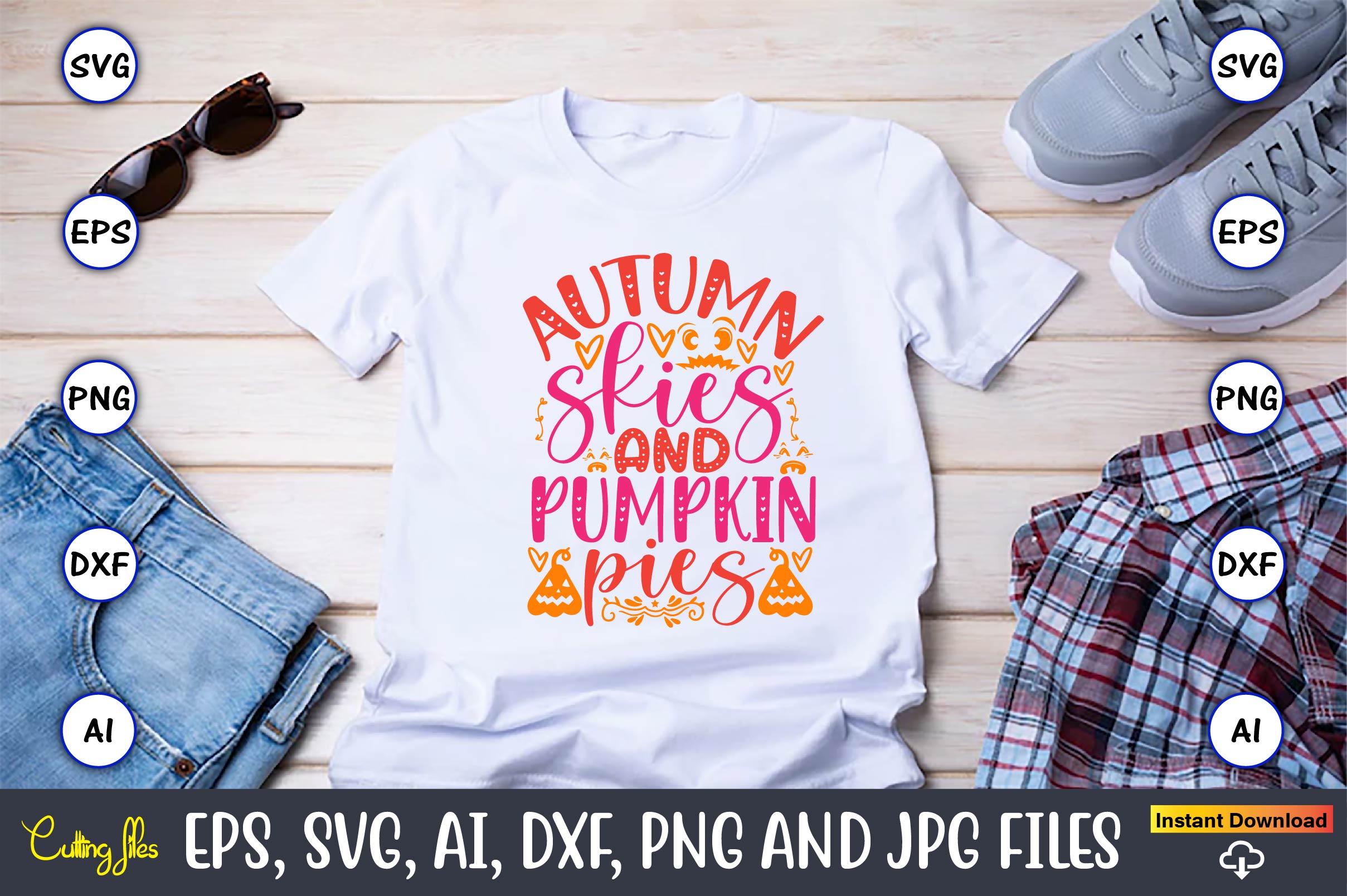 Image of a white t-shirt with an enchanting print Autumn skies and pumpkin pies.