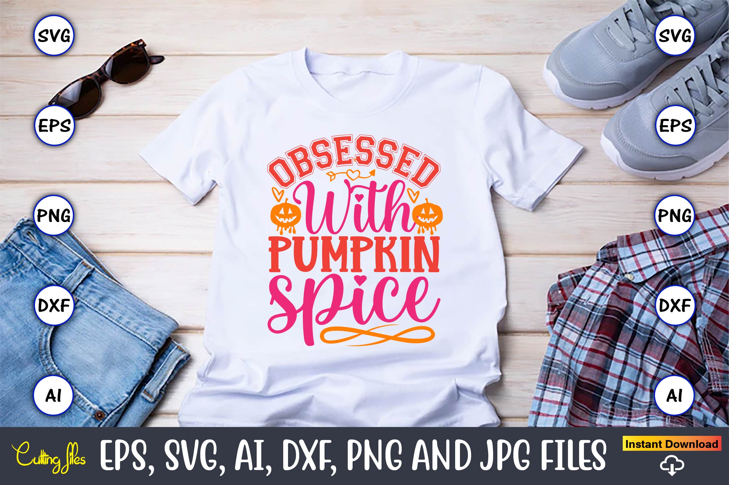 Image of a white t-shirt with a colorful slogan Obsessed with pumpkin spice.