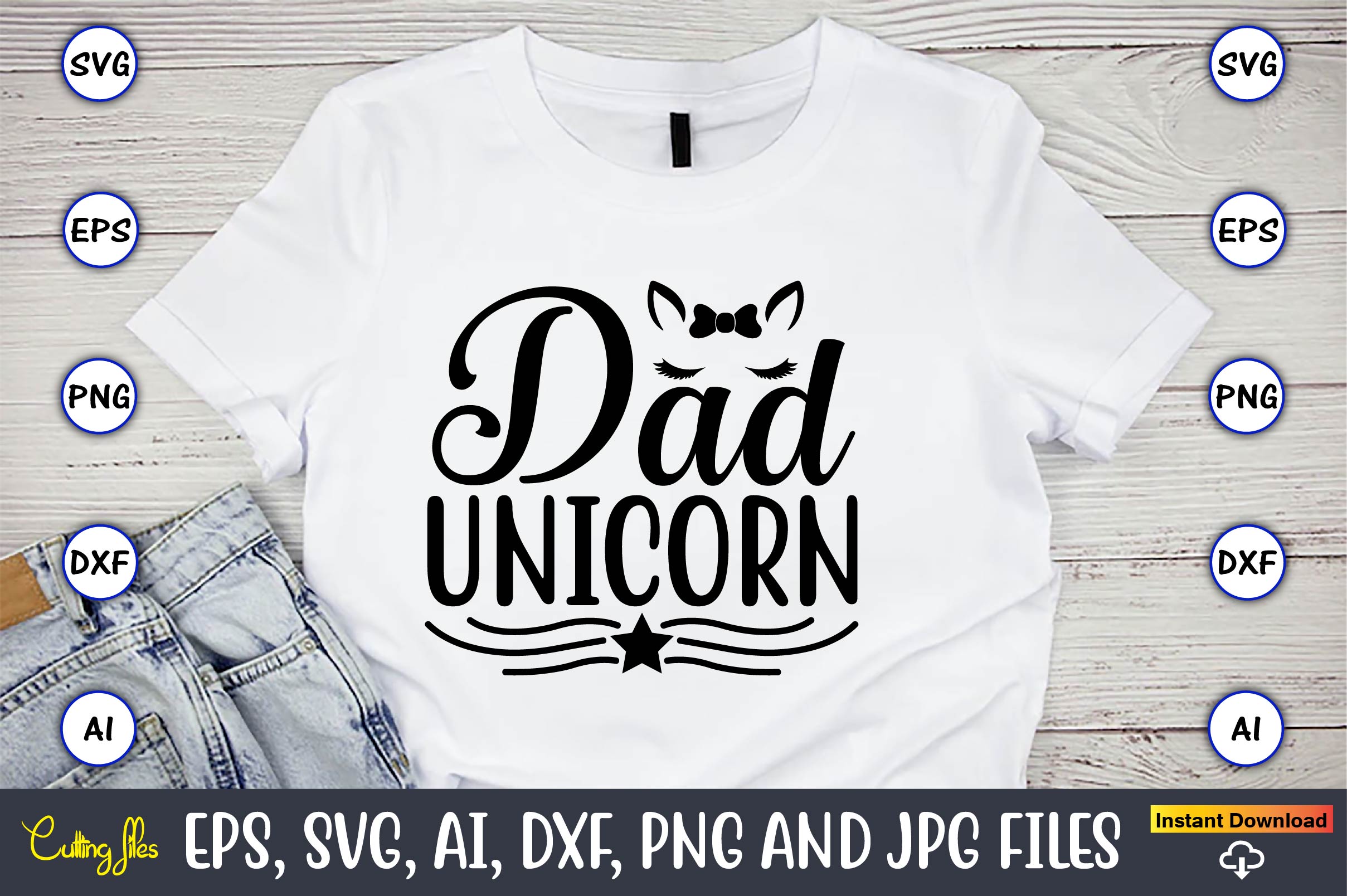 Image of a white t-shirt with a beautiful inscription Dad unicorn.