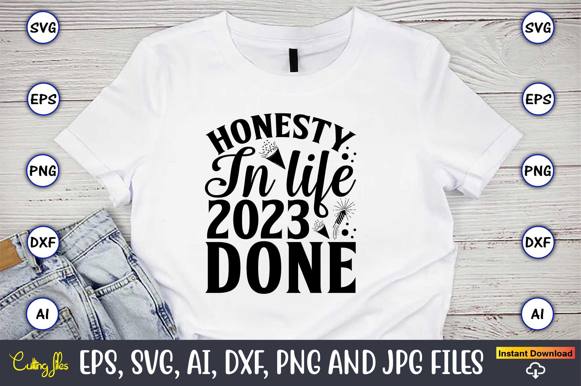 Image of a white t-shirt with a charming inscription Honesty in life 2023 done.