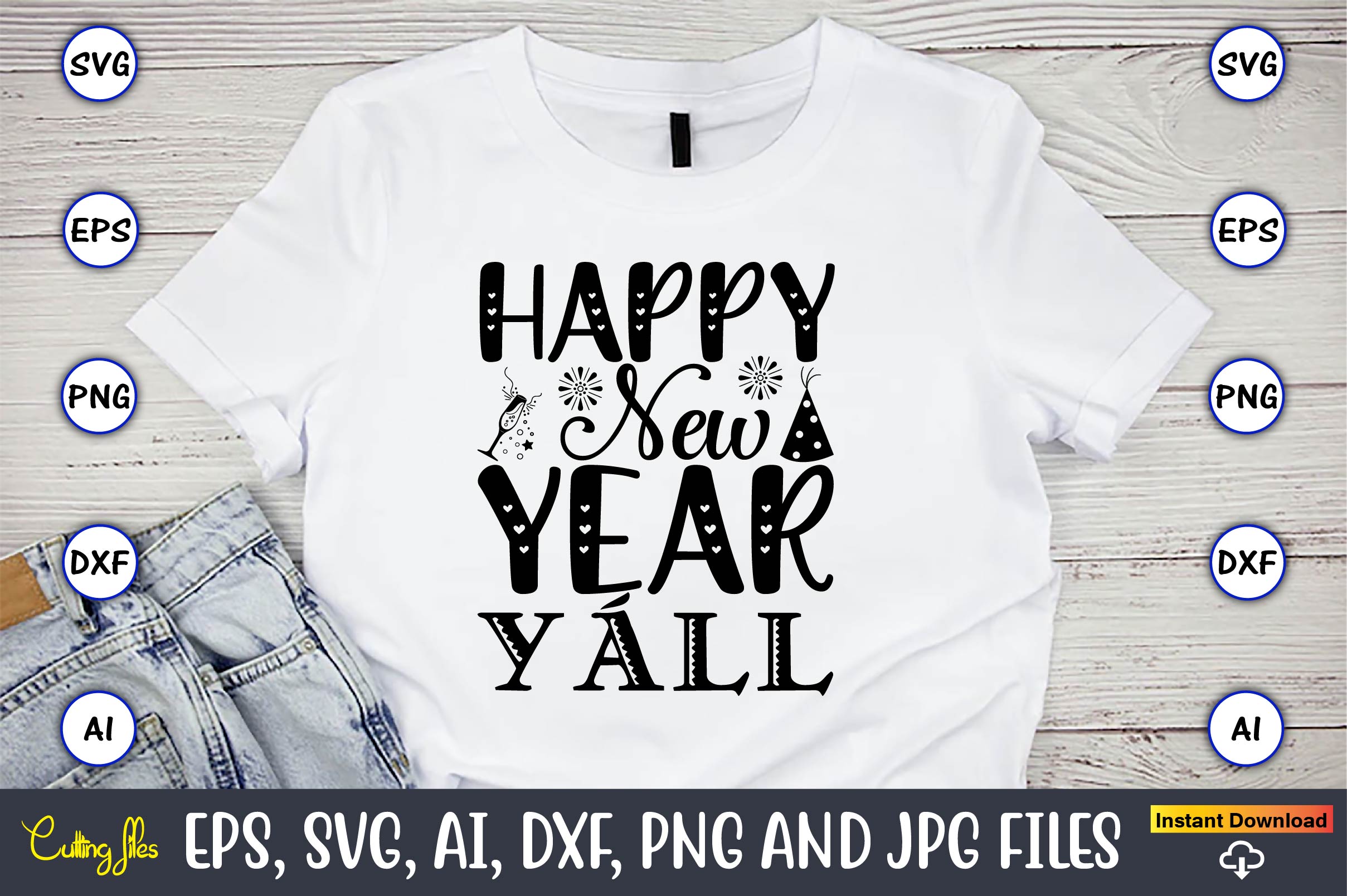 Image of a white t-shirt with an exquisite slogan Happy new year yáll.