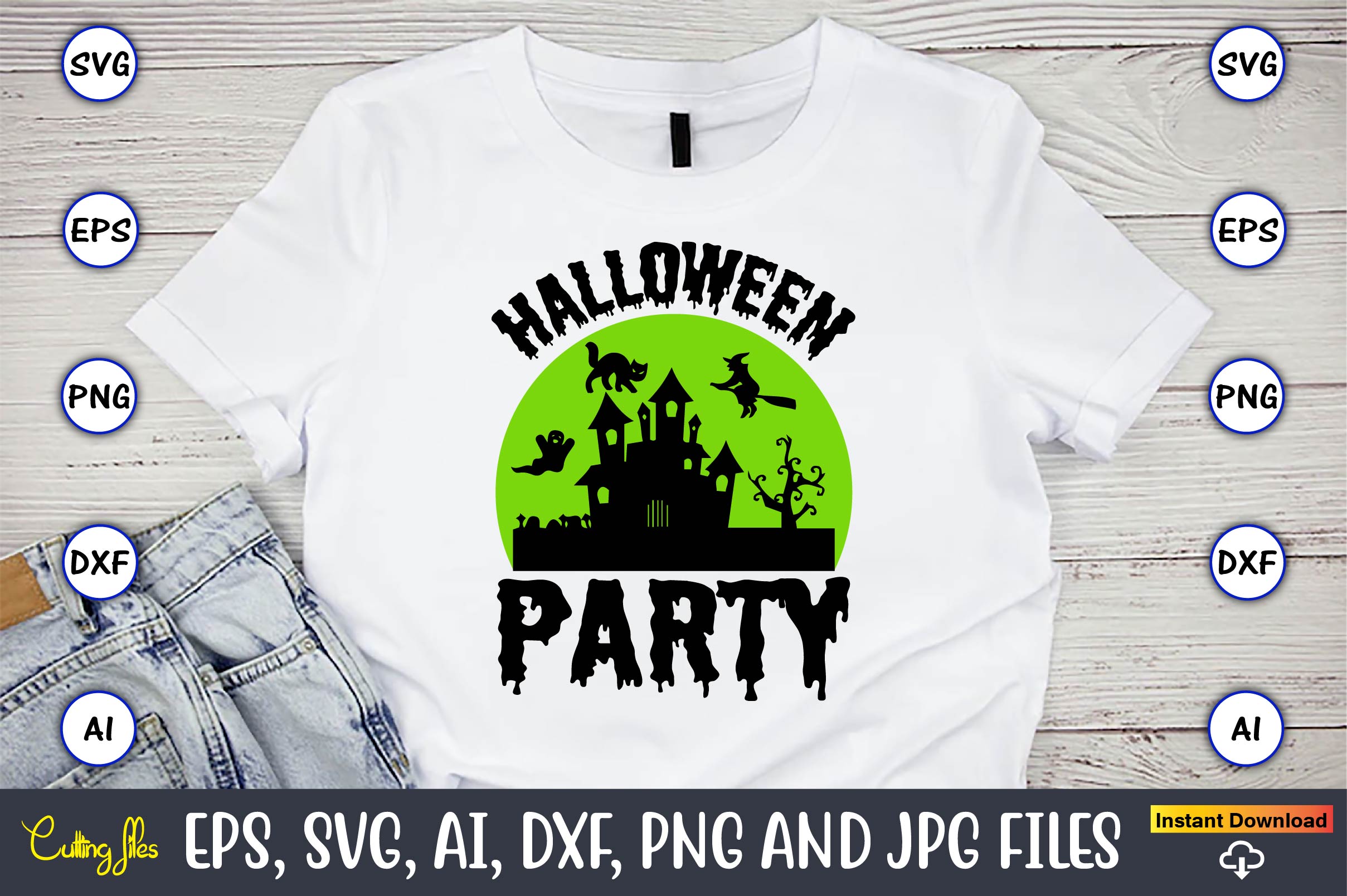 Image of a white t-shirt with a beautiful print on the theme of halloween.