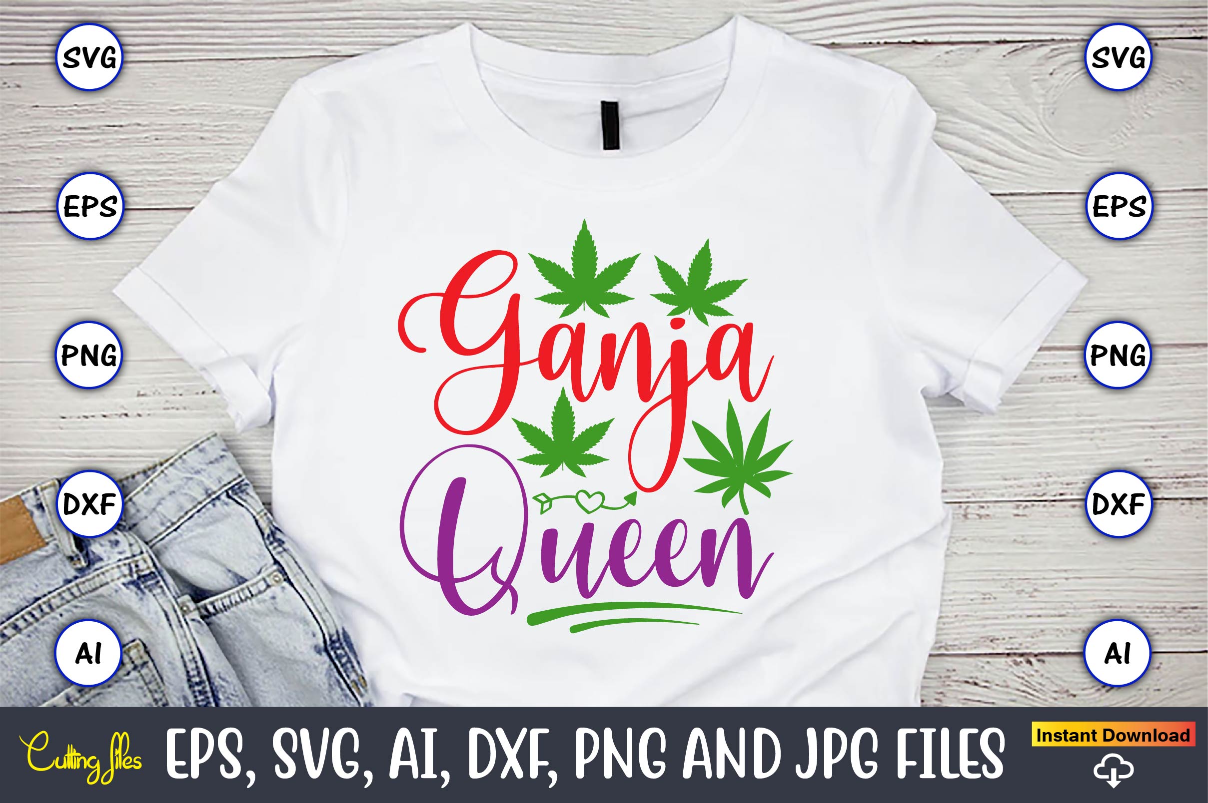 Image of a white t-shirt with an amazing inscription Ganja queen.