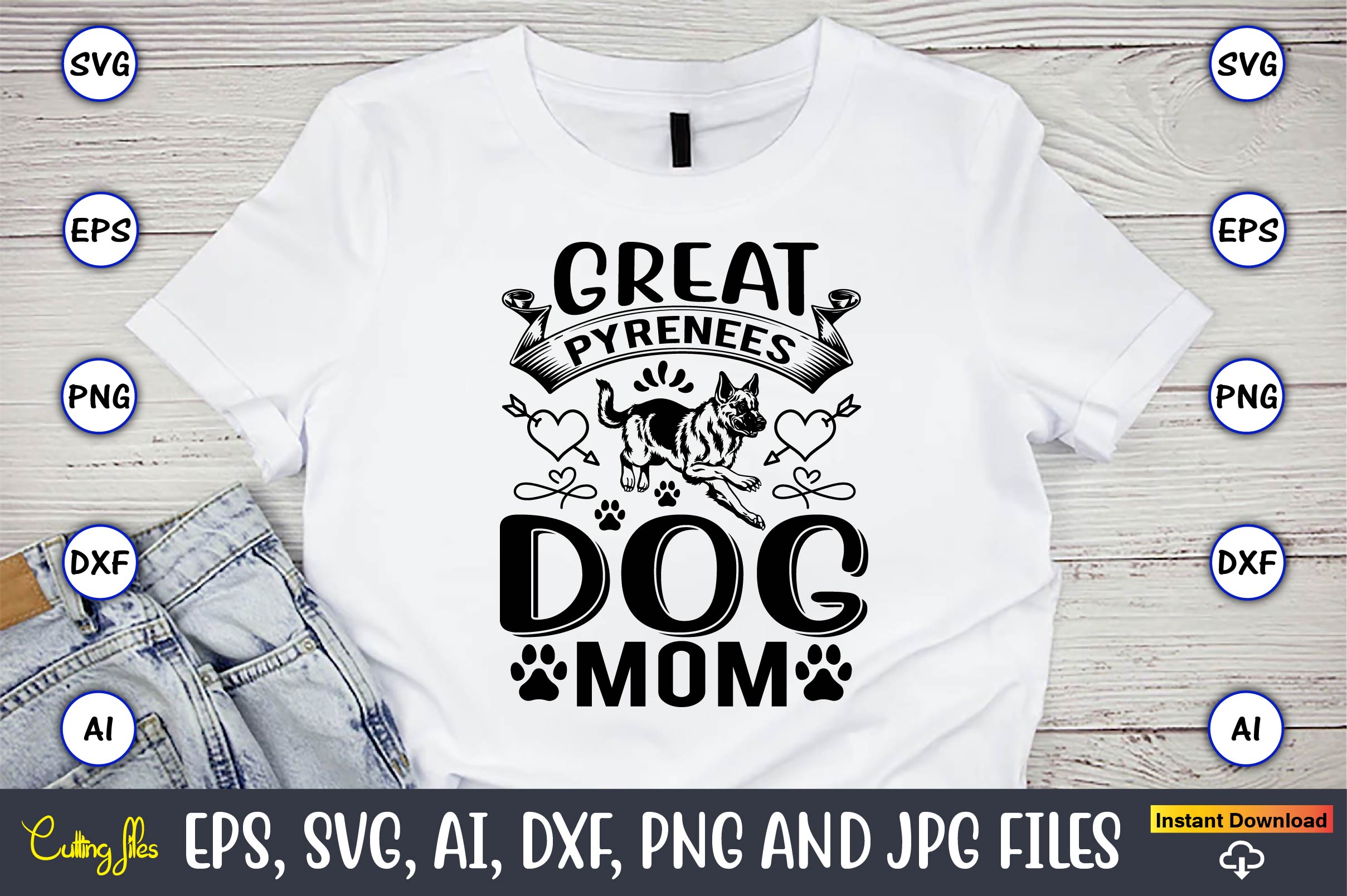 mage of a white t-shirt with an exquisite Great Pyrenees dog mom lettering.