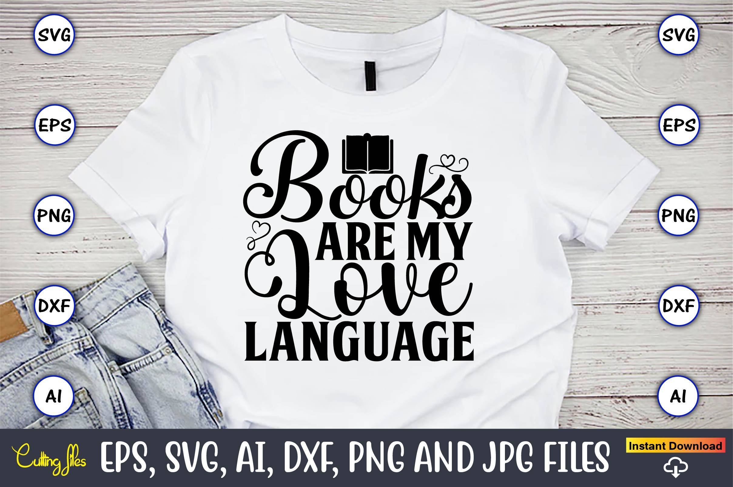 Picture of a white t-shirt with exquisite slogan Books are my love language.