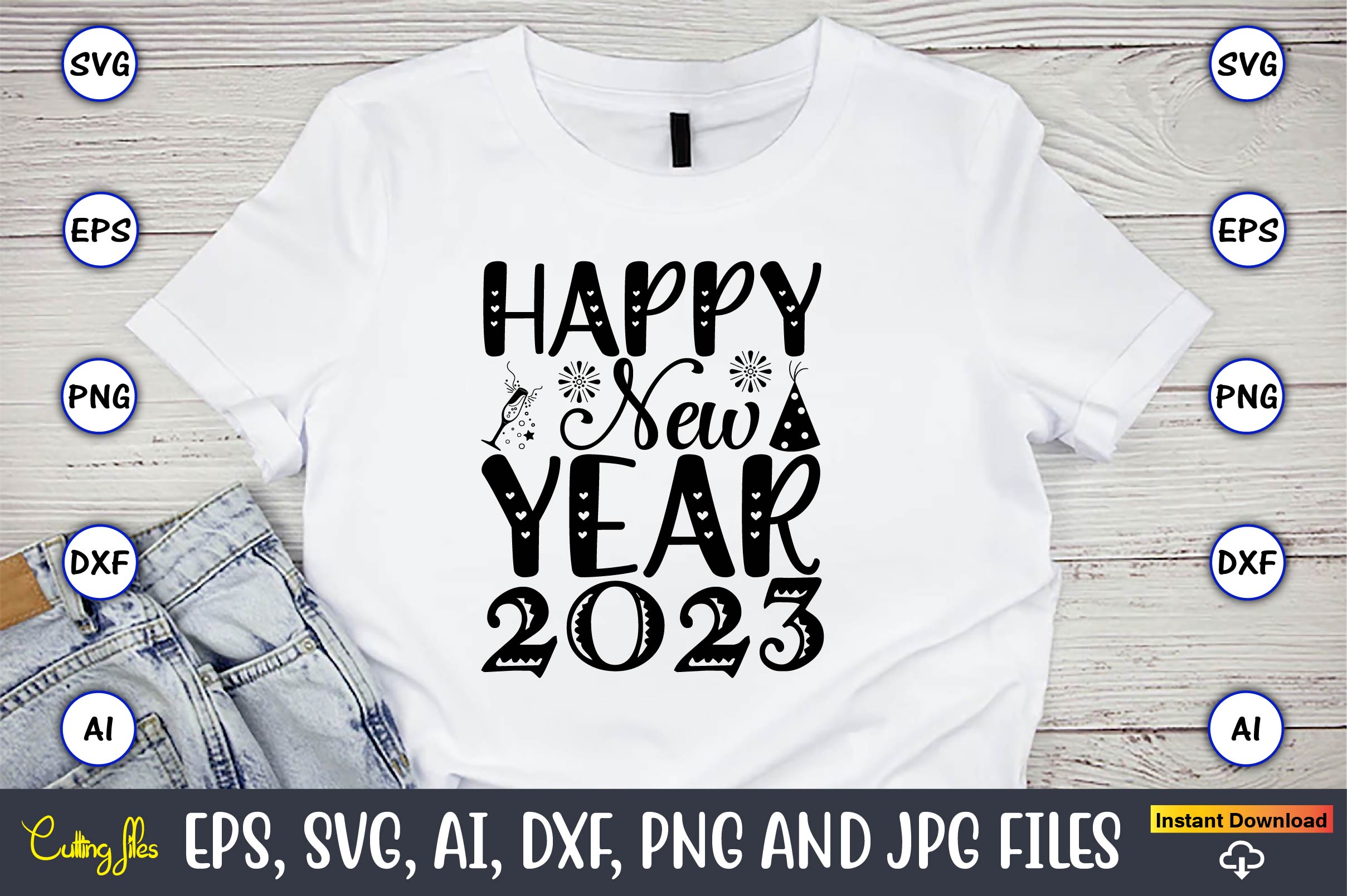 Image of a white t-shirt with a great inscription Happy new year 2023.