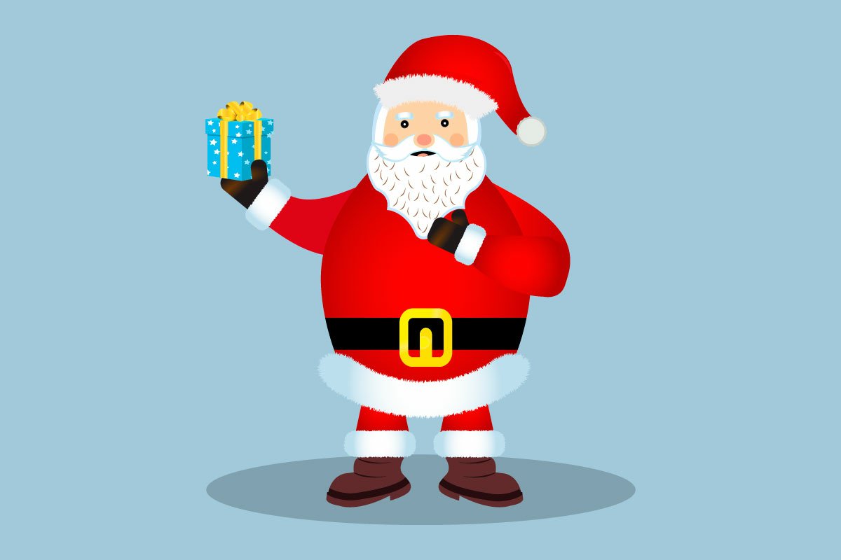 Calm Santa with a bright gift paper.