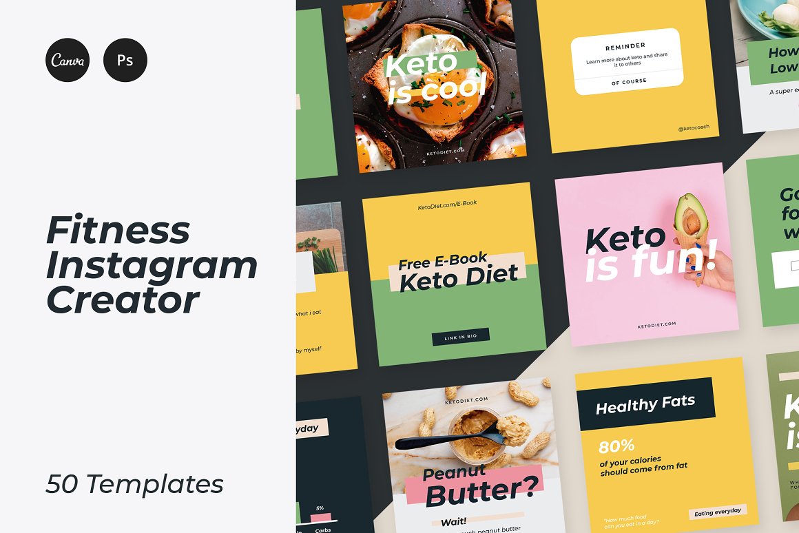 Black lettering "Fitness Instagram Creator" and different templates of Instagram.