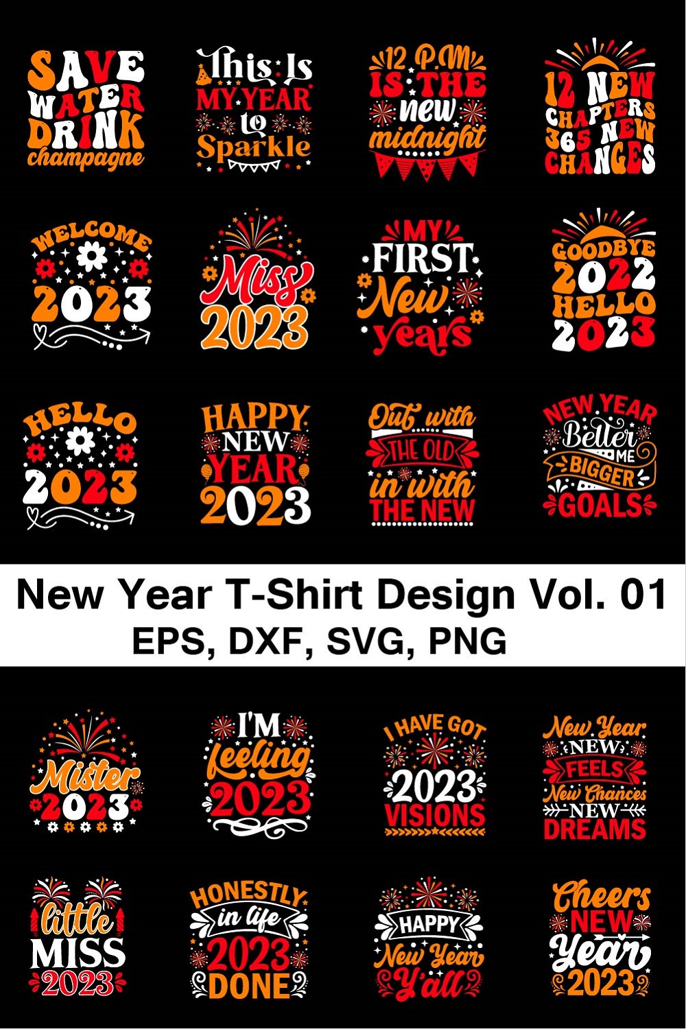 Happy New Year T-Shirt design Bundle pinterest image.