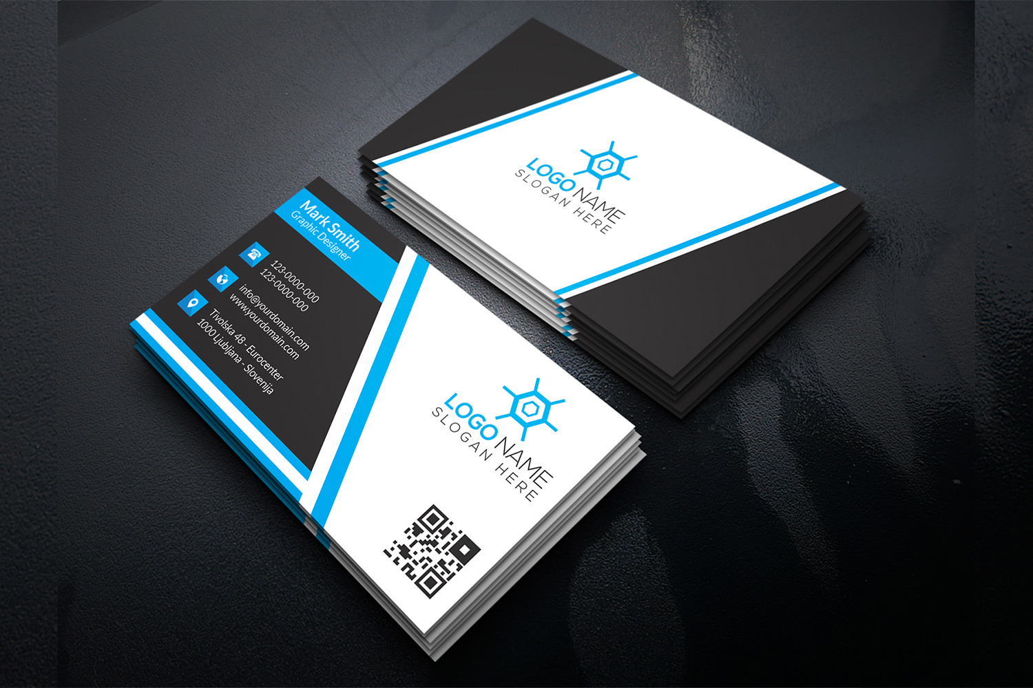 Laconic business cards with blue lines.