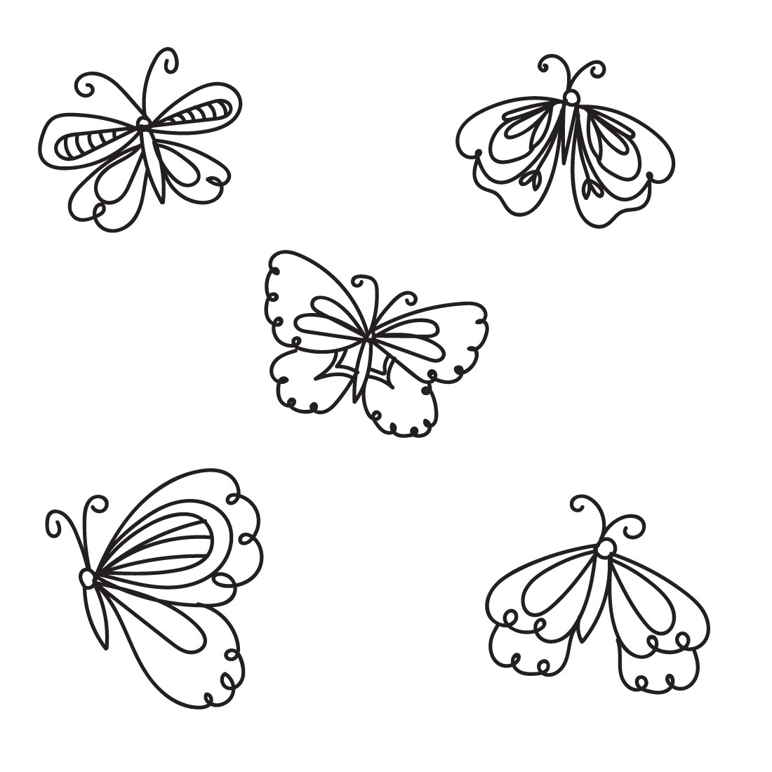Four butterflies that are drawn in black and white.