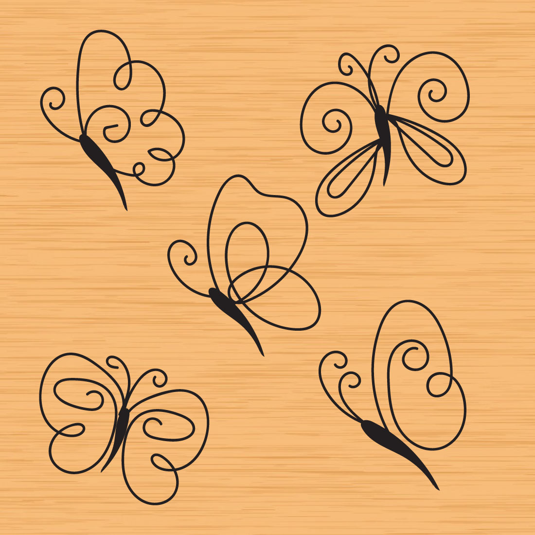 Set of four butterflies on a wooden background.