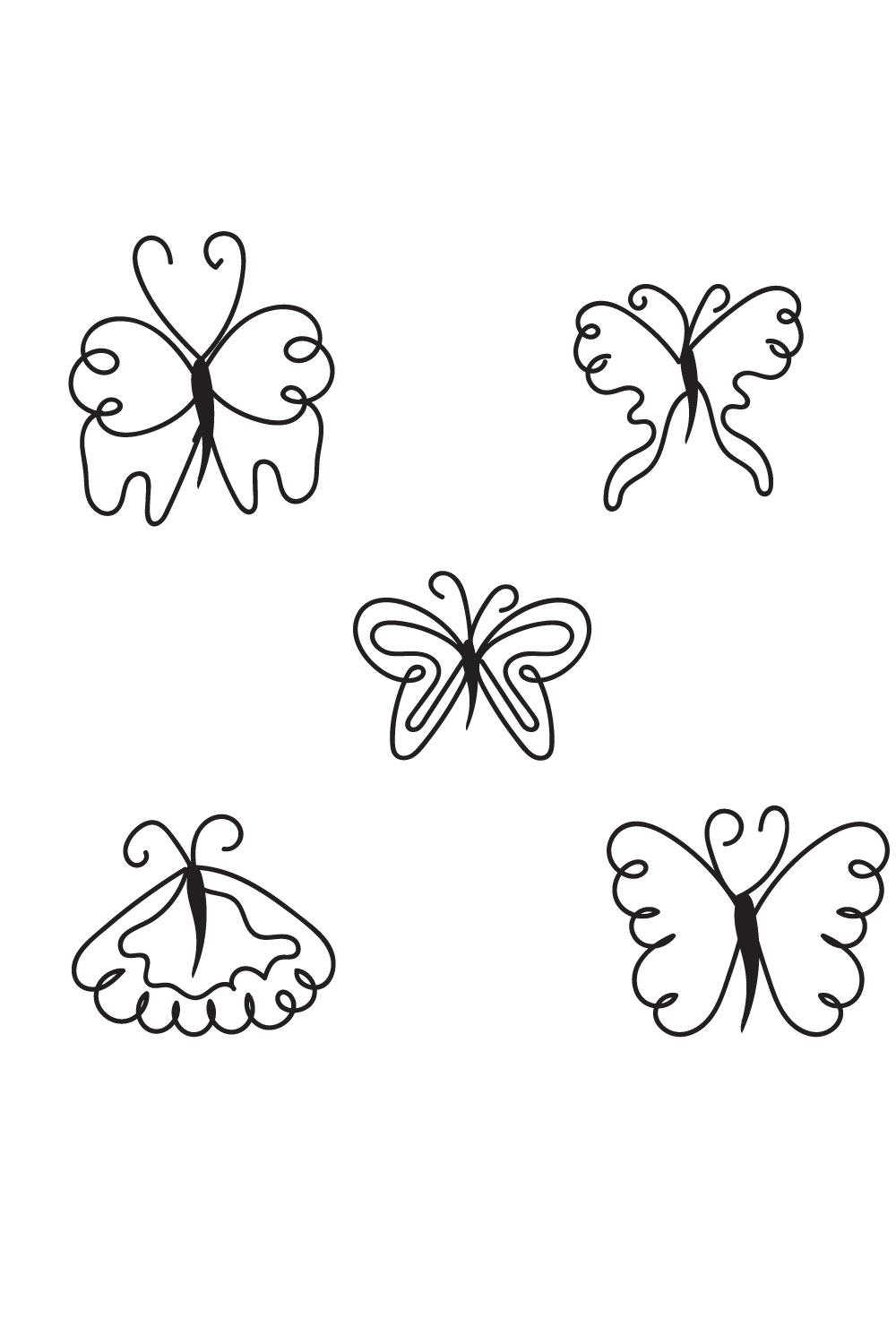 Four butterflies that are drawn in black and white.