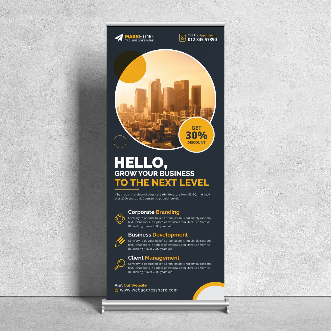 Image of corporate roll up banner in enchanting yellow design