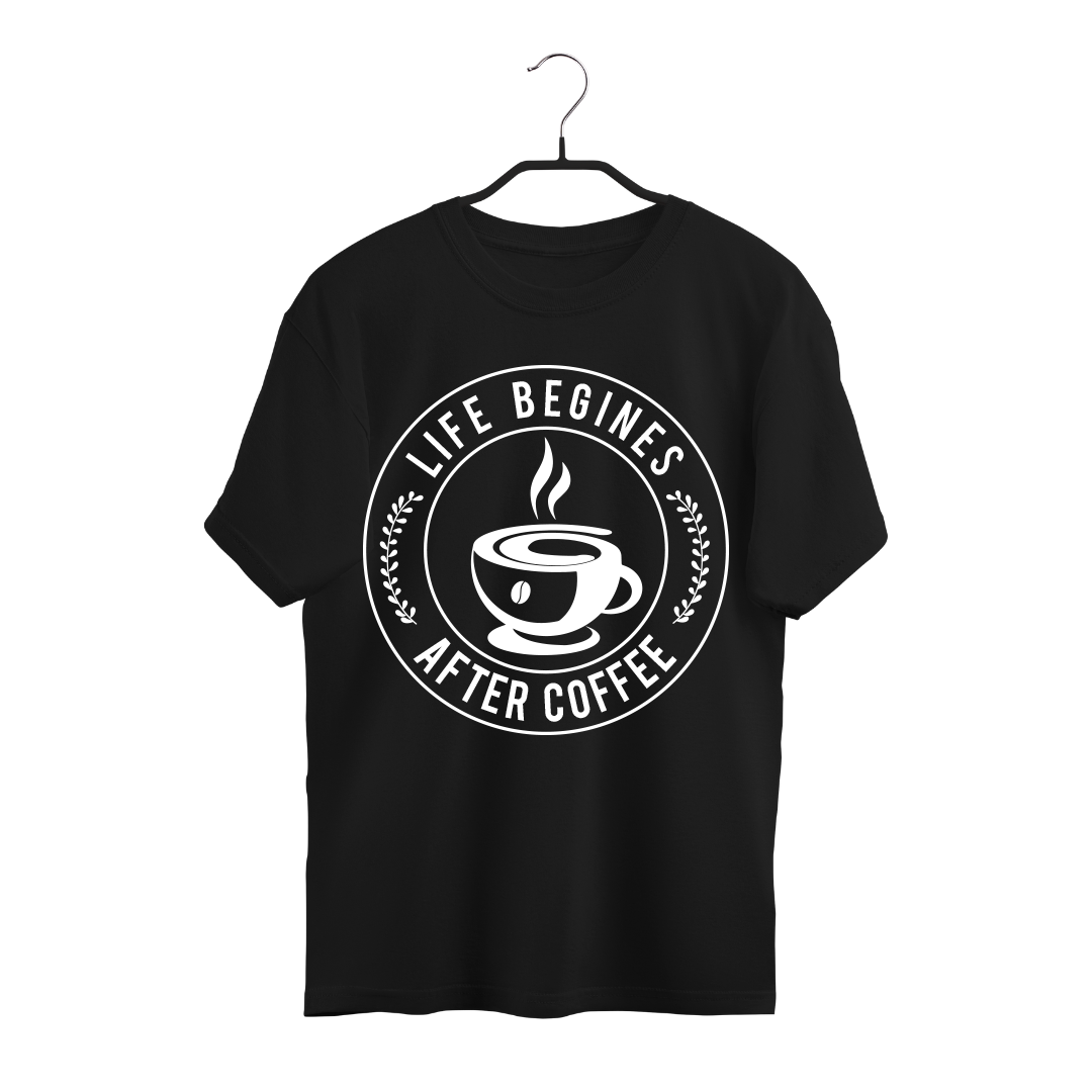 Black t-shirt with minimalistic coffee graphic.