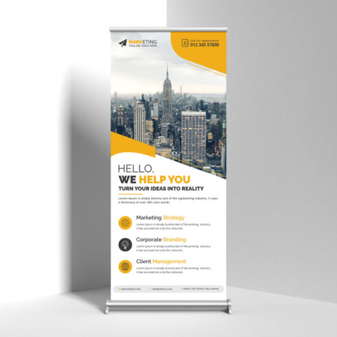 Image of corporate roll up banner in irresistible yellow design