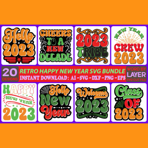Happy New Year Retro SVG Design Bundle cover image.
