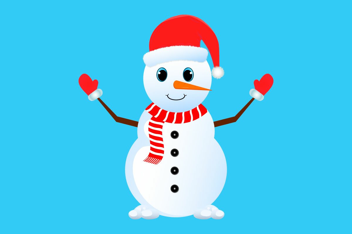 Illustration of christmas snowman with red scarf and hat on a light blue background.