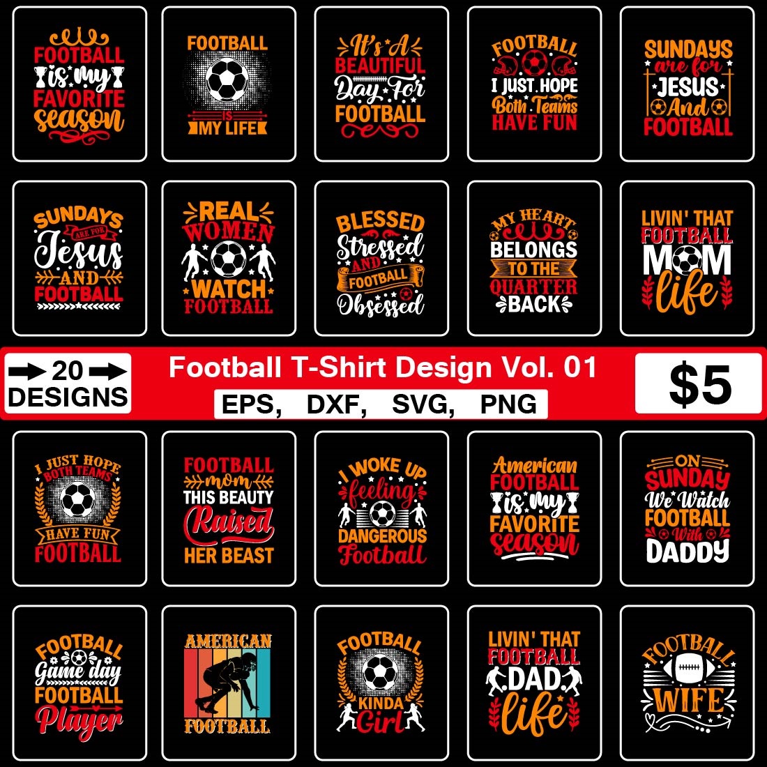 Football T-Shirt Design Bundle cover image.
