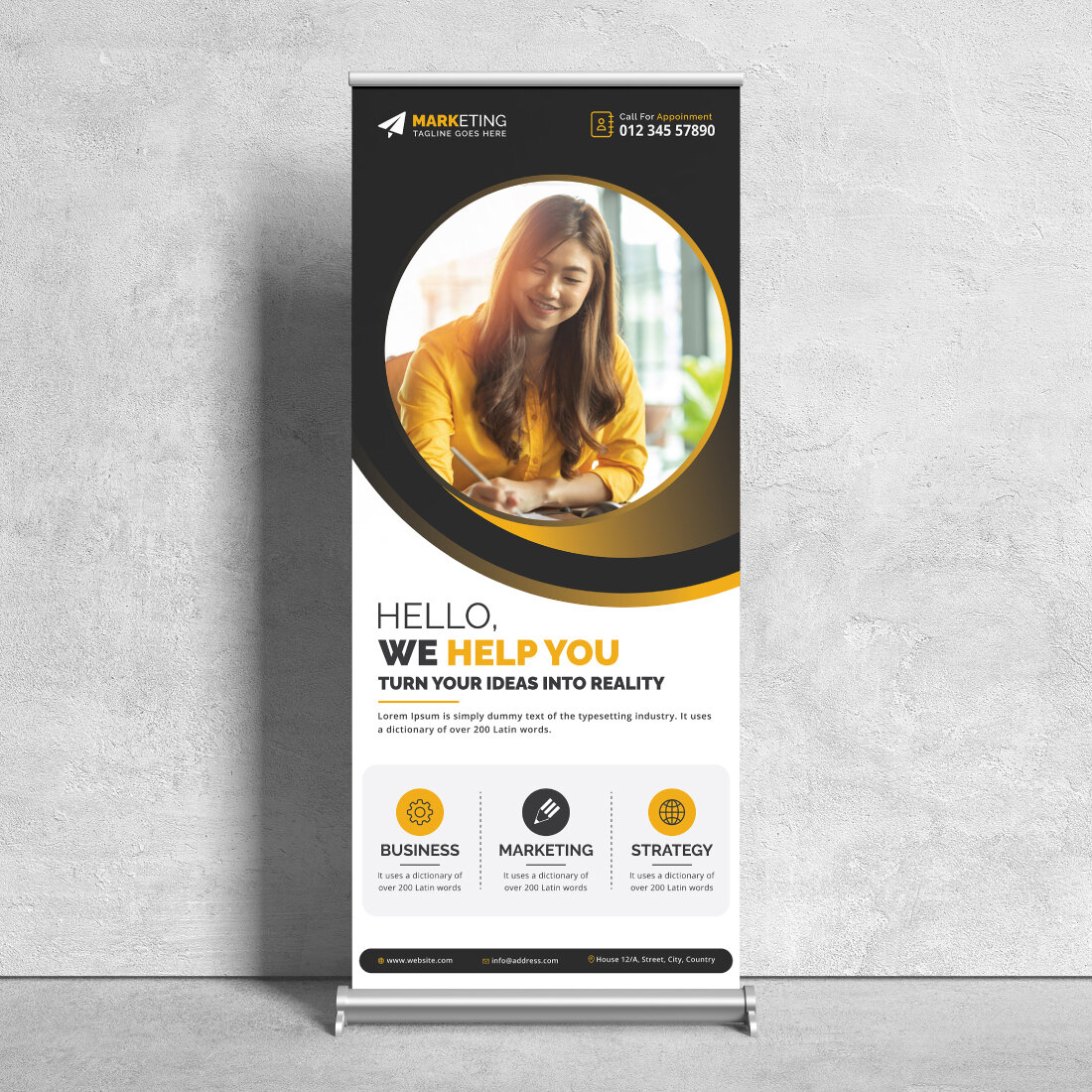 Image of corporate roll up banner in wonderful yellow design