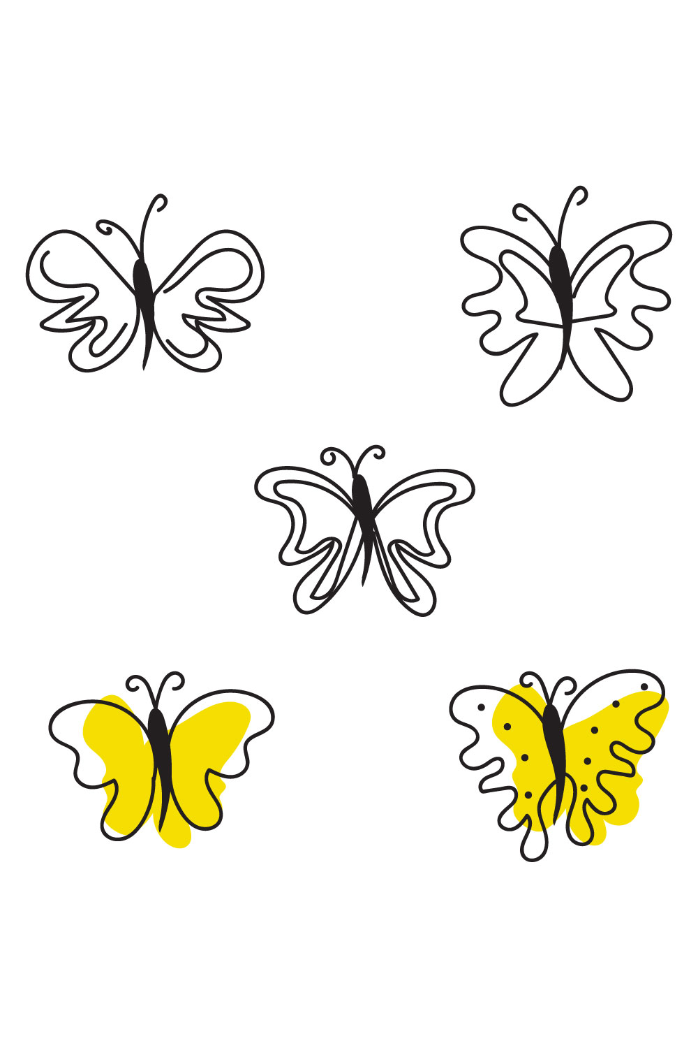 Group of four different colored butterflies.