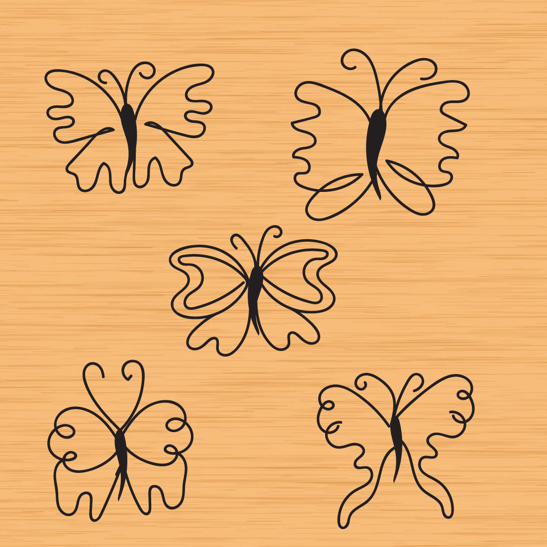 Set of four butterflies on a wooden background.